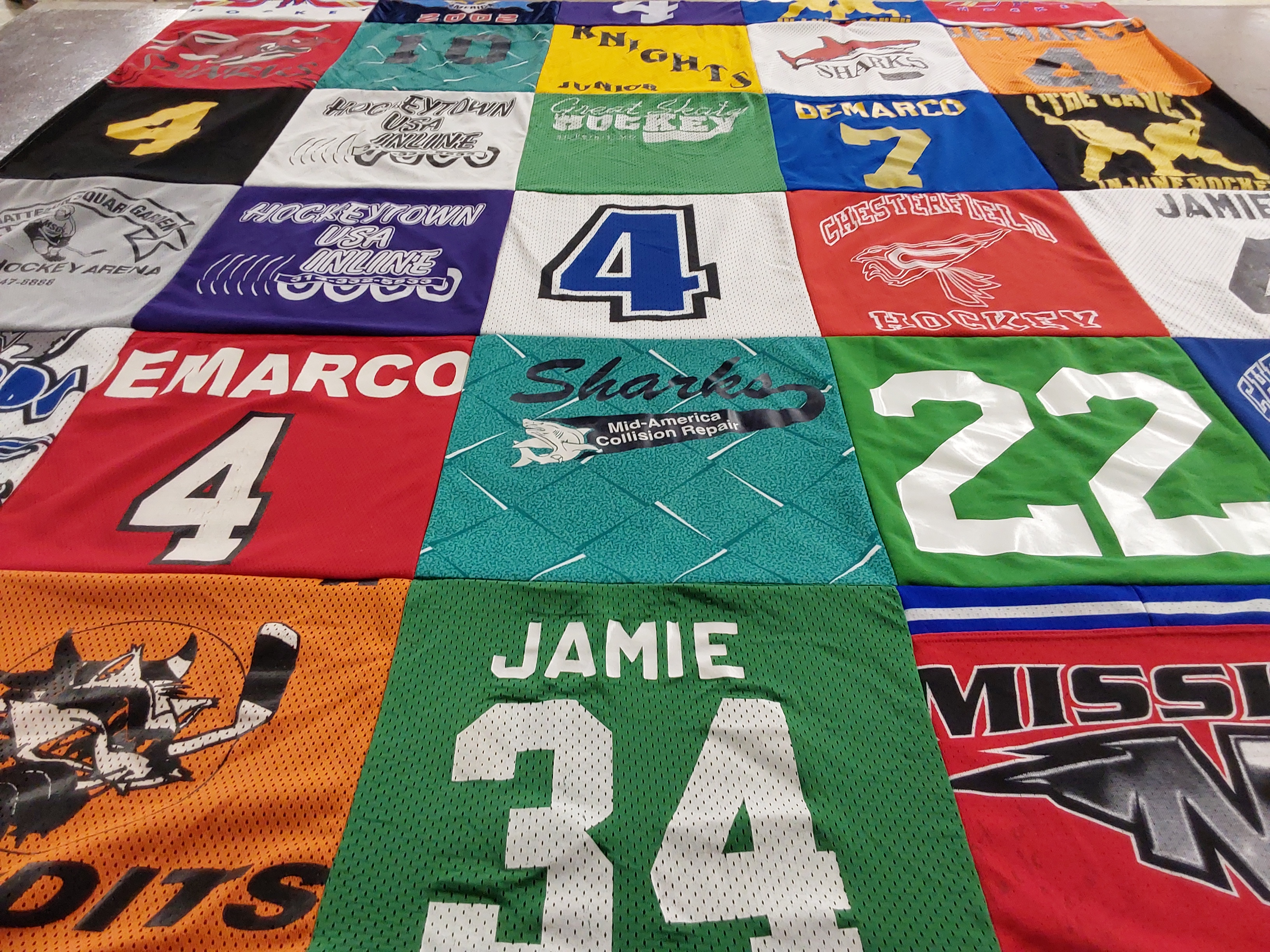 T-shirt quilt with hockey, sports themes by James  from MO