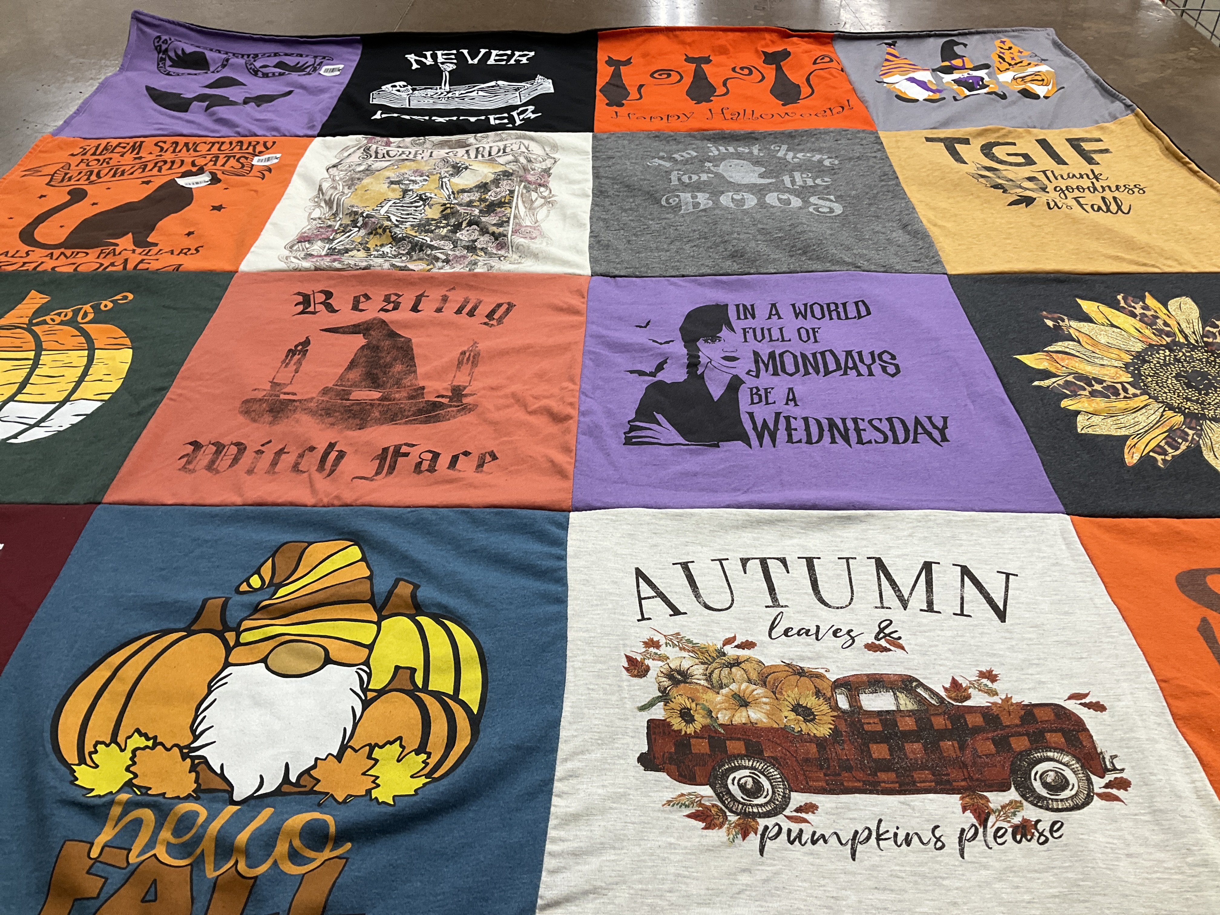 T-shirt quilt with halloween, fall themes by linda from IL