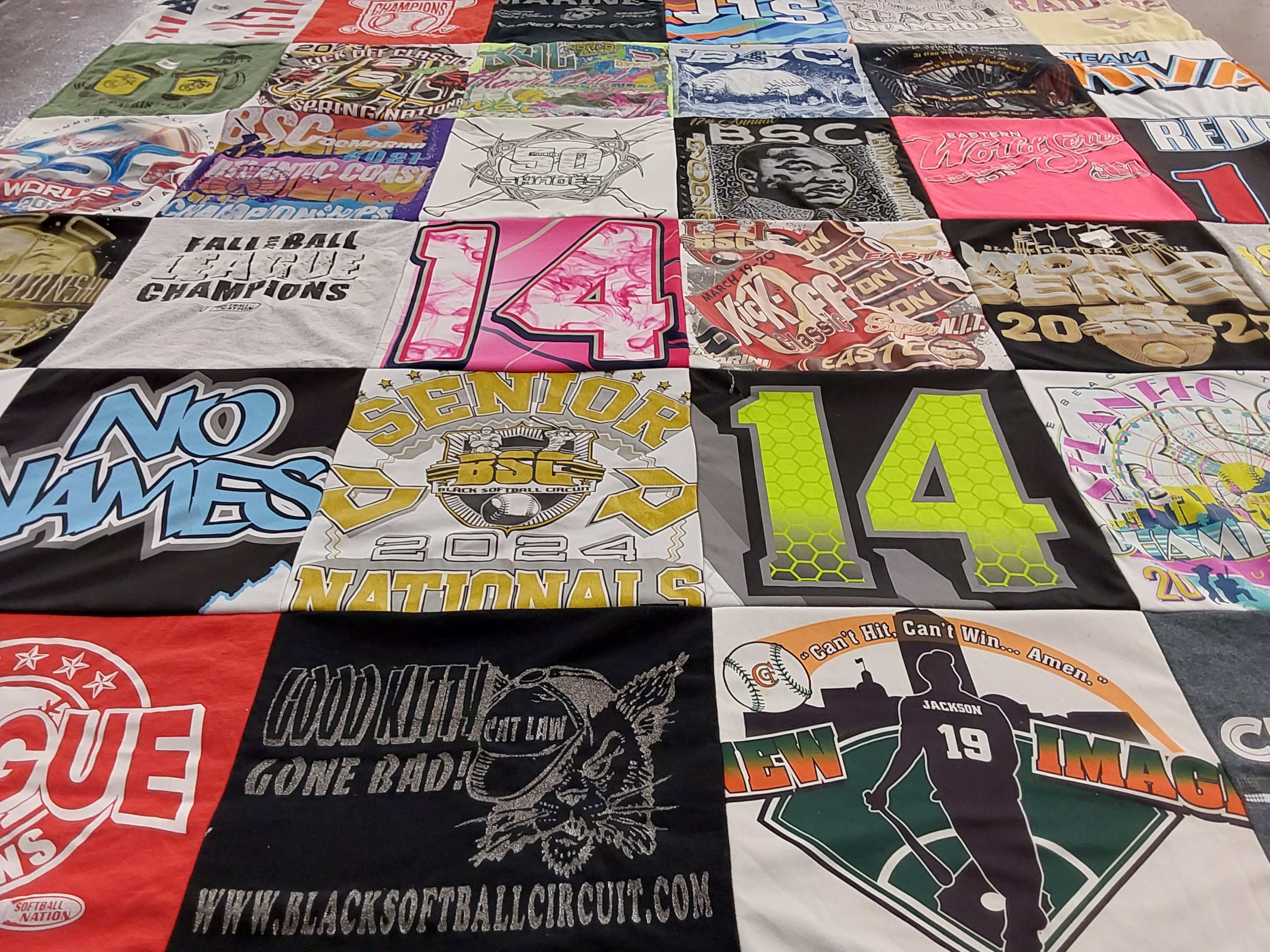 T-shirt quilt with softball, sports themes by christina from VA