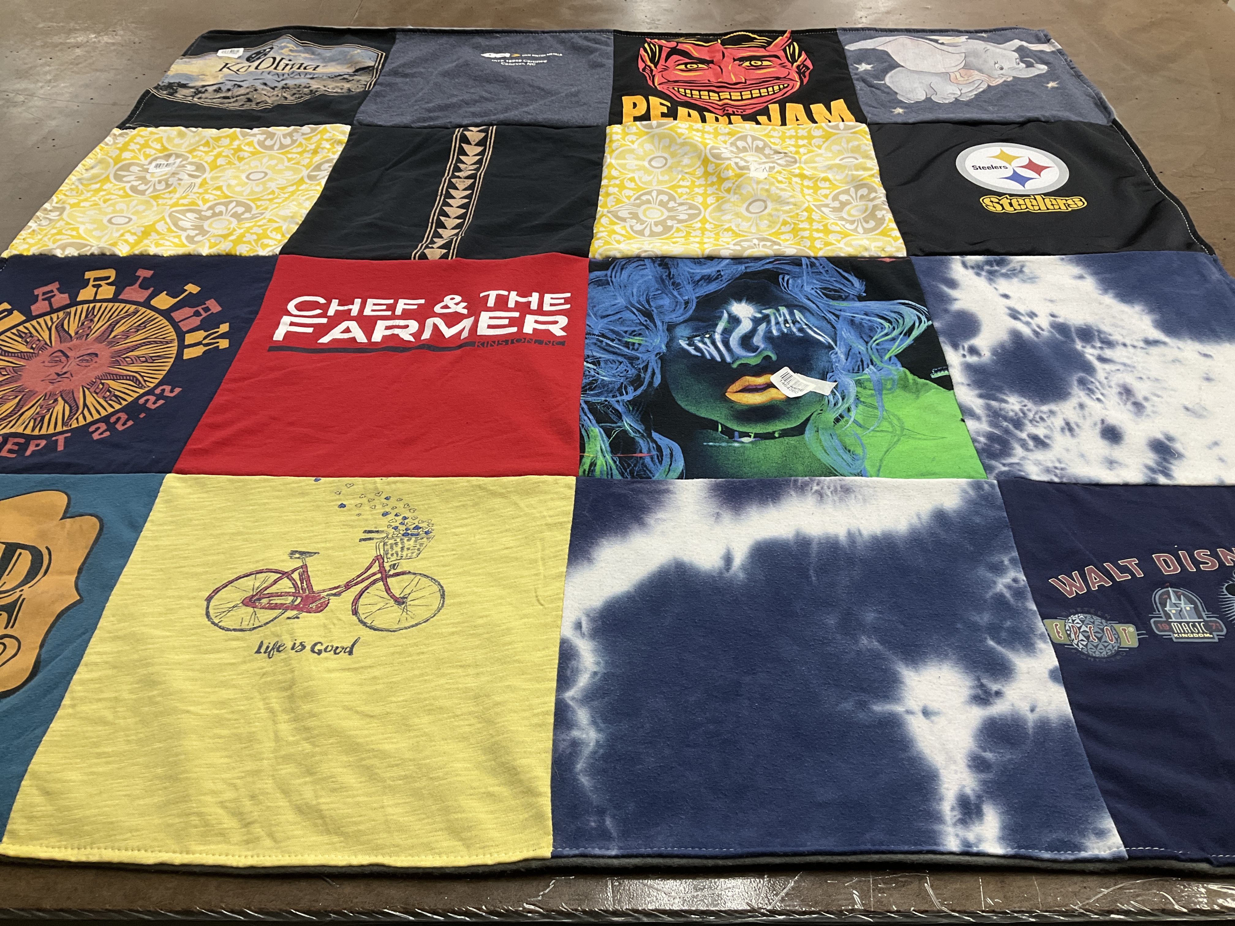 T-shirt quilt with music, cooking themes by Summer from FL