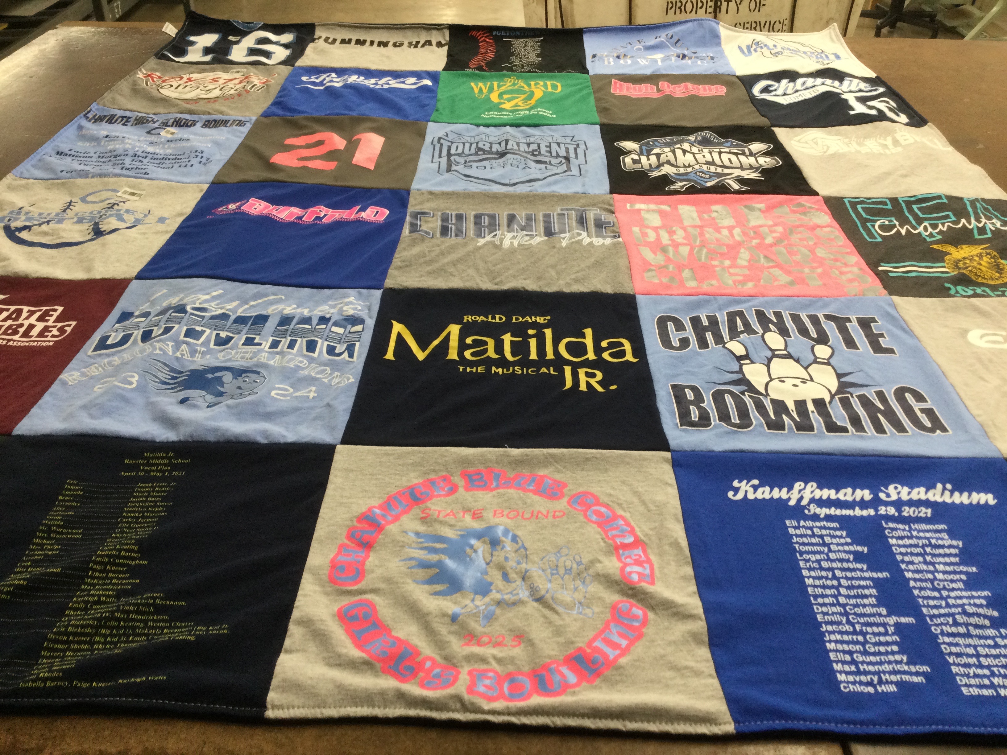 T-shirt quilt featuring chanute bowling, chanute girl's bowling by Wendy from KS