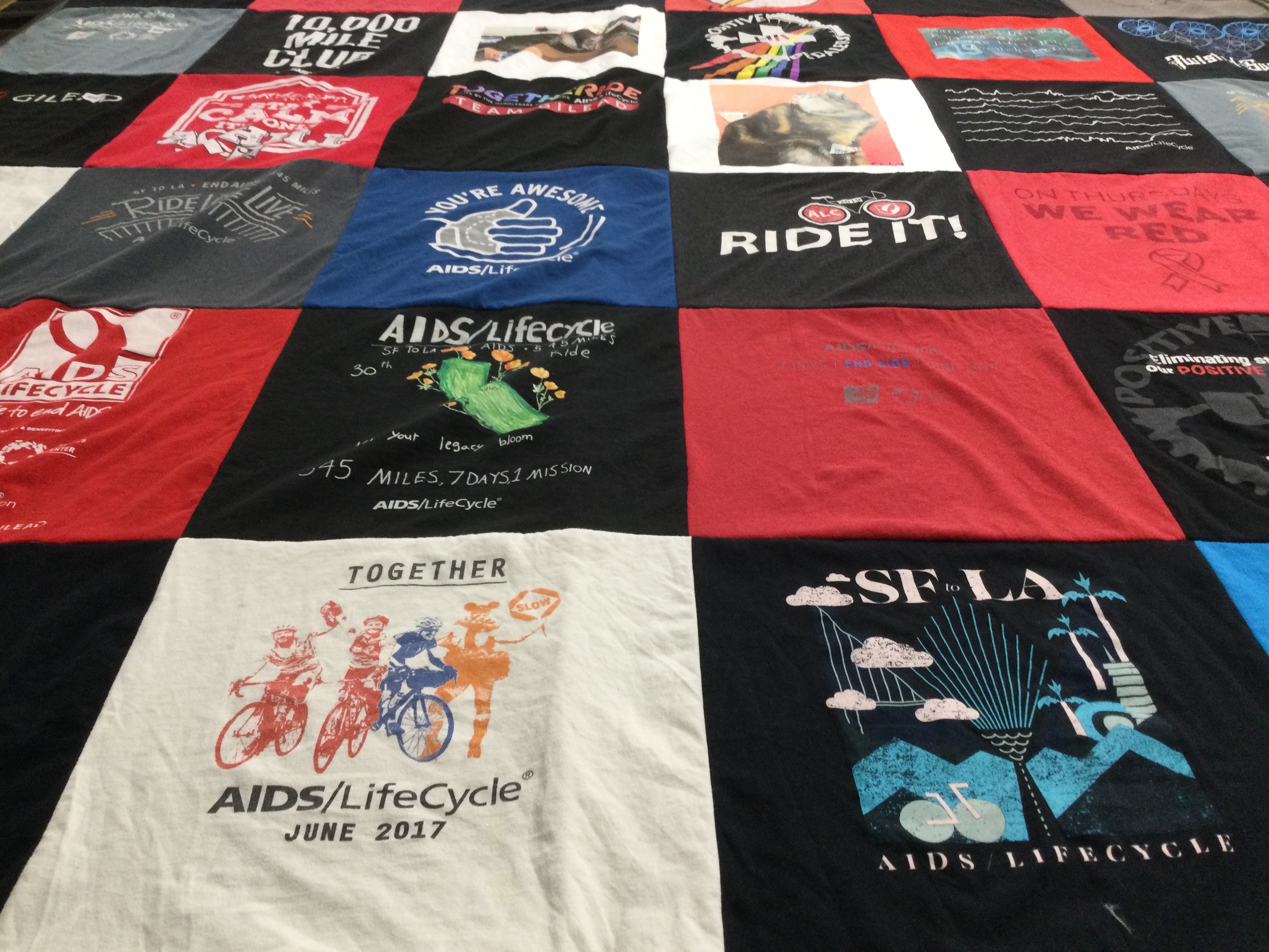 T-shirt quilt with cycling, aids awareness themes by SHERYL from CA