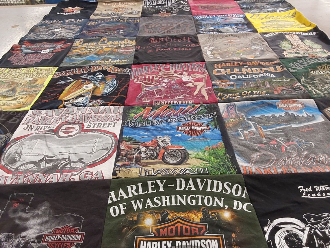 T-shirt quilt with motorcycles, biking themes by Norma from CA
