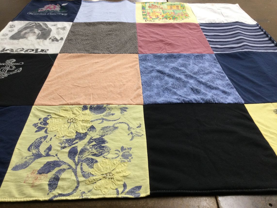 T-shirt quilt with pets, gardening themes by Brenda from CT