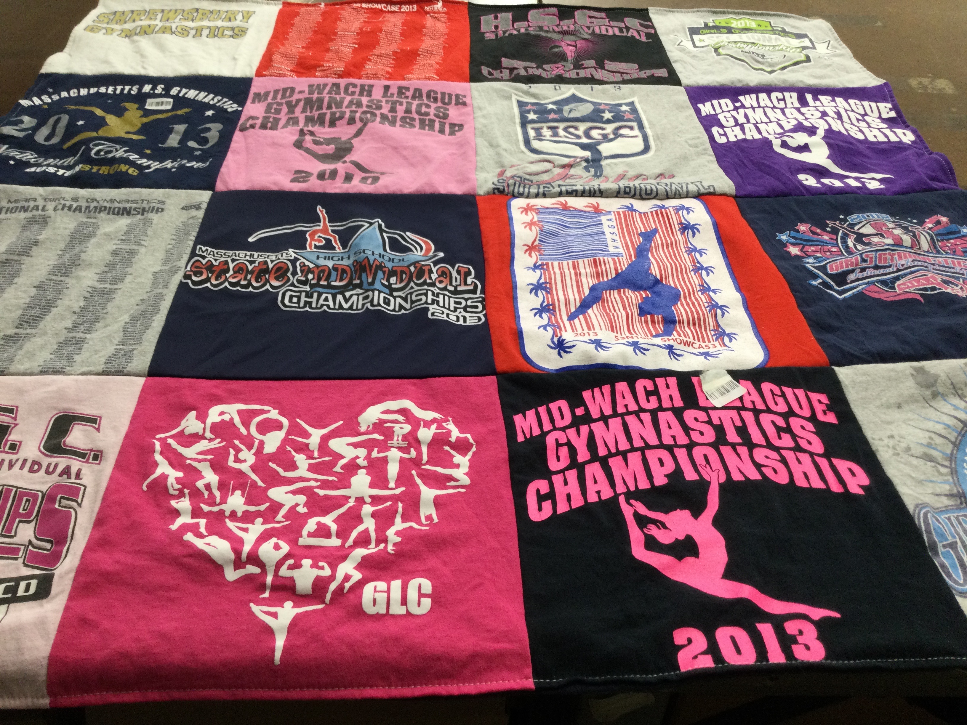 T-shirt quilt with gymnastics, sports themes by Judy from MA