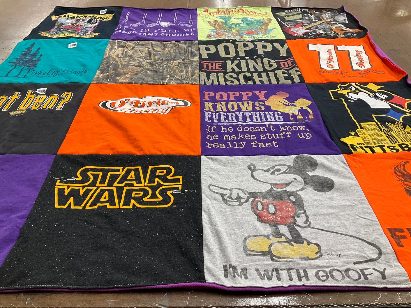 T-shirt quilt with movies, comics themes by Julie from PA