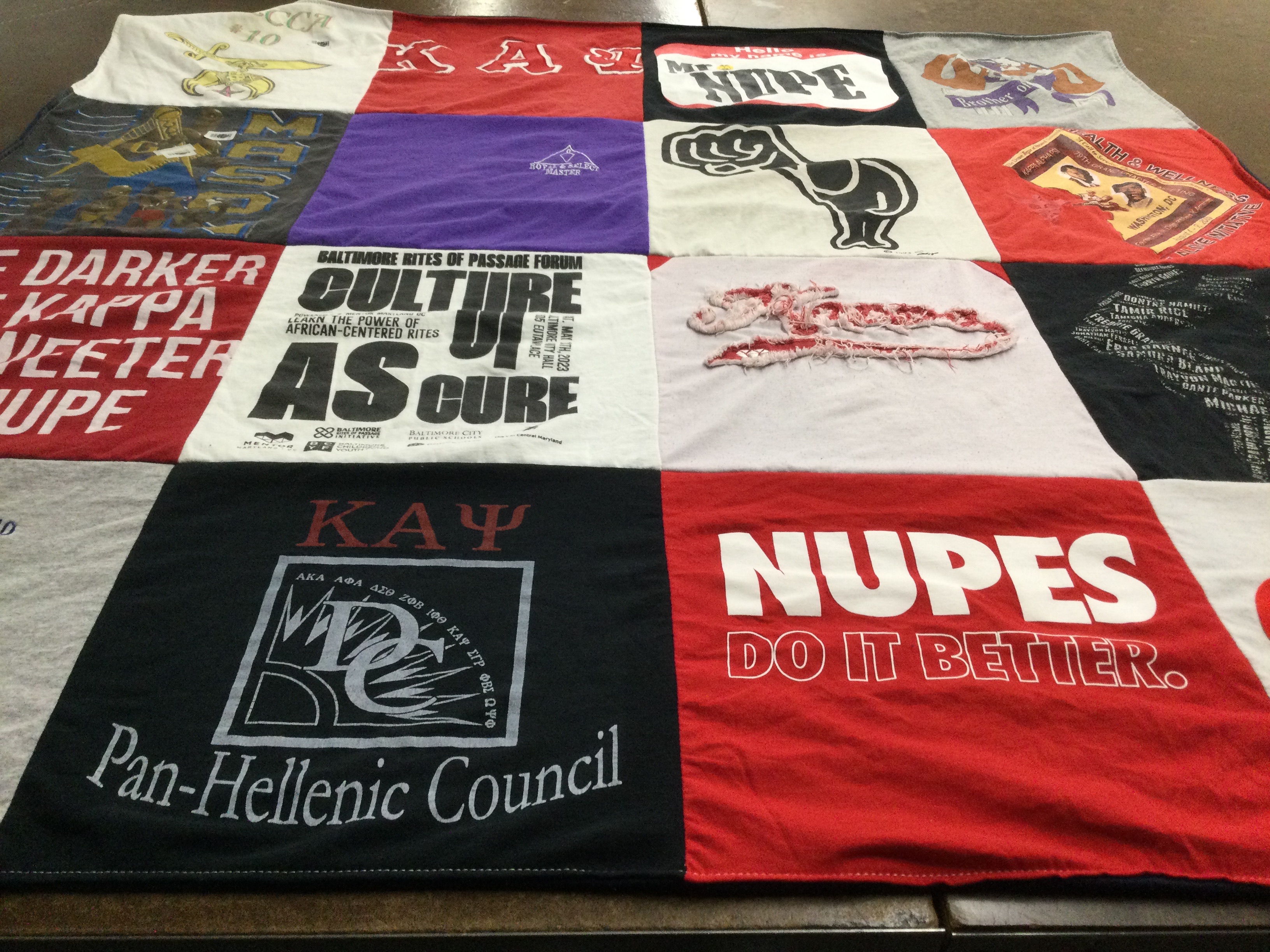 T-shirt quilt with african-centered culture, fraternity and sorority life themes by Orin from MD