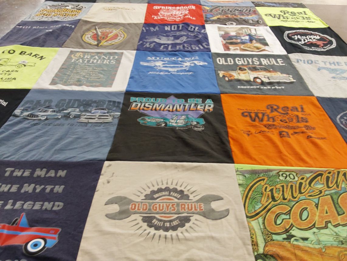 T-shirt quilt with automobiles, cars themes by Devon from OH