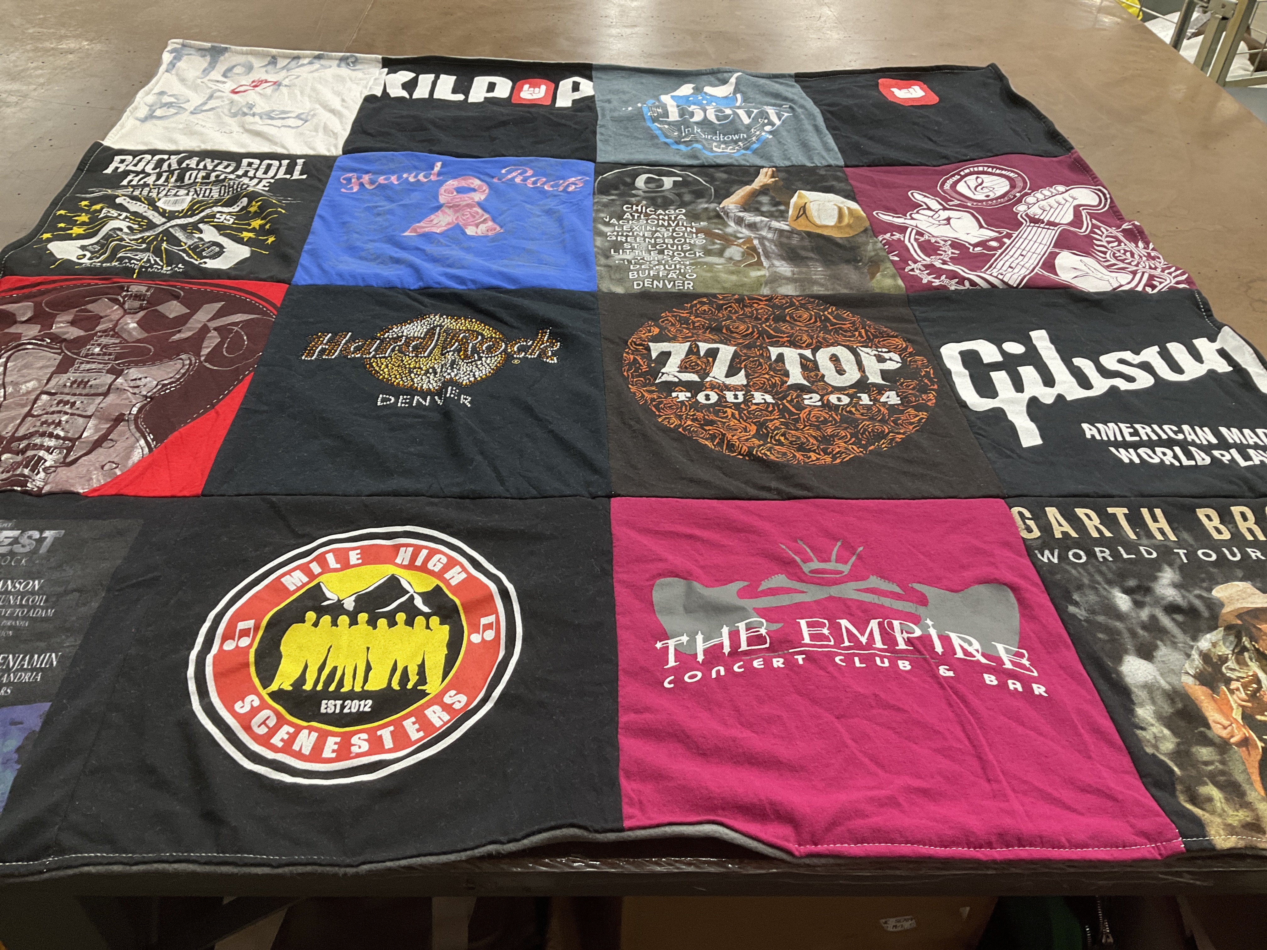 T-shirt quilt with music, concerts themes by Claudia from CA