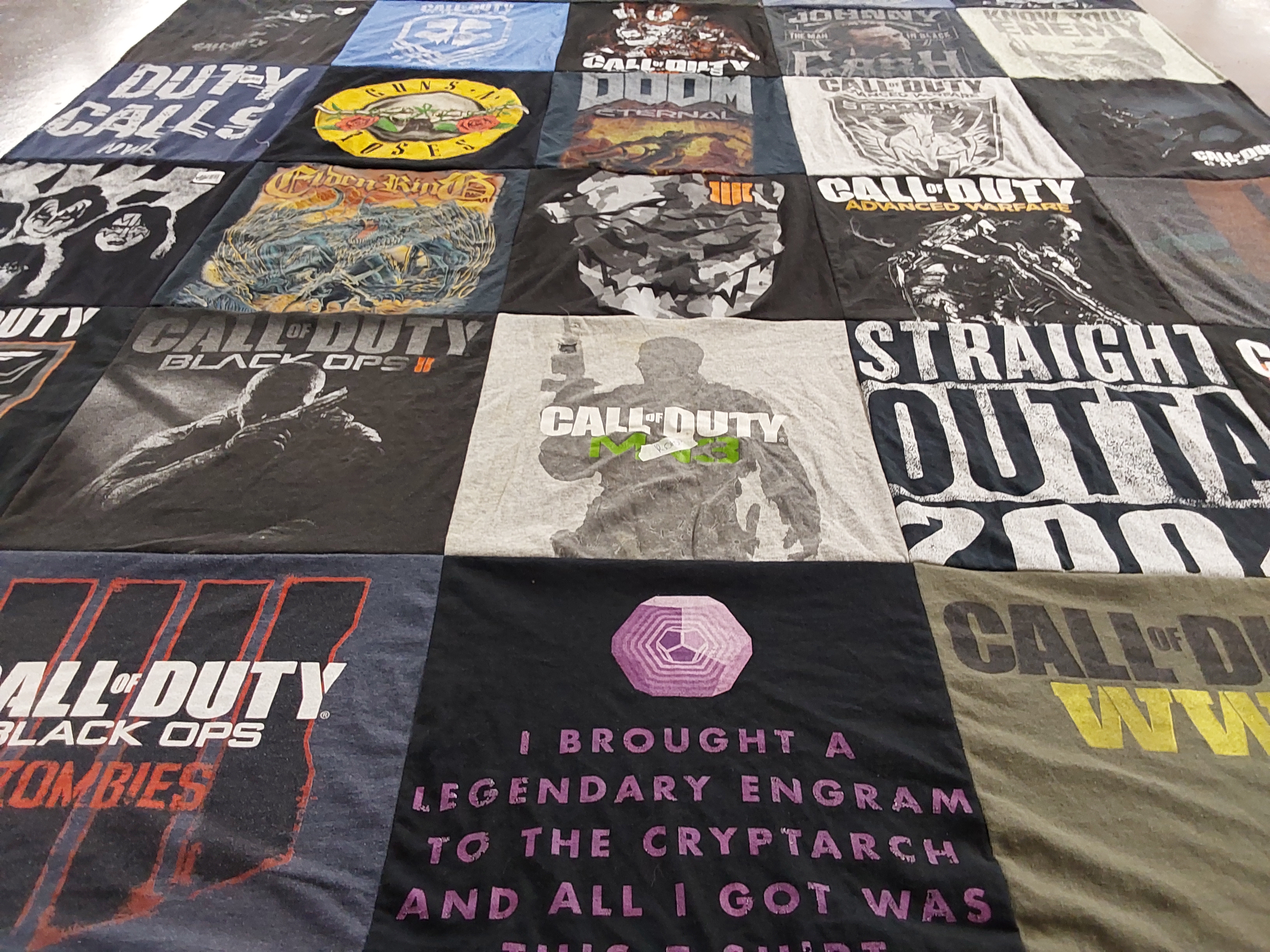 T-shirt quilt with video games, gaming themes by Kristi from TX