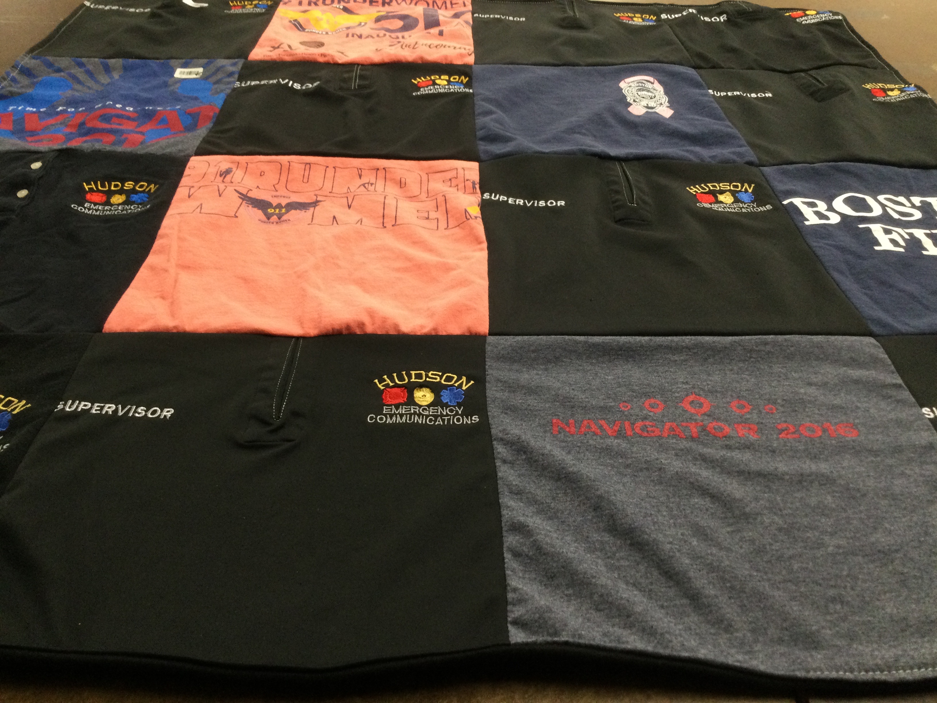 T-shirt quilt with emergency services, organizational leadership themes by Theresa from CT