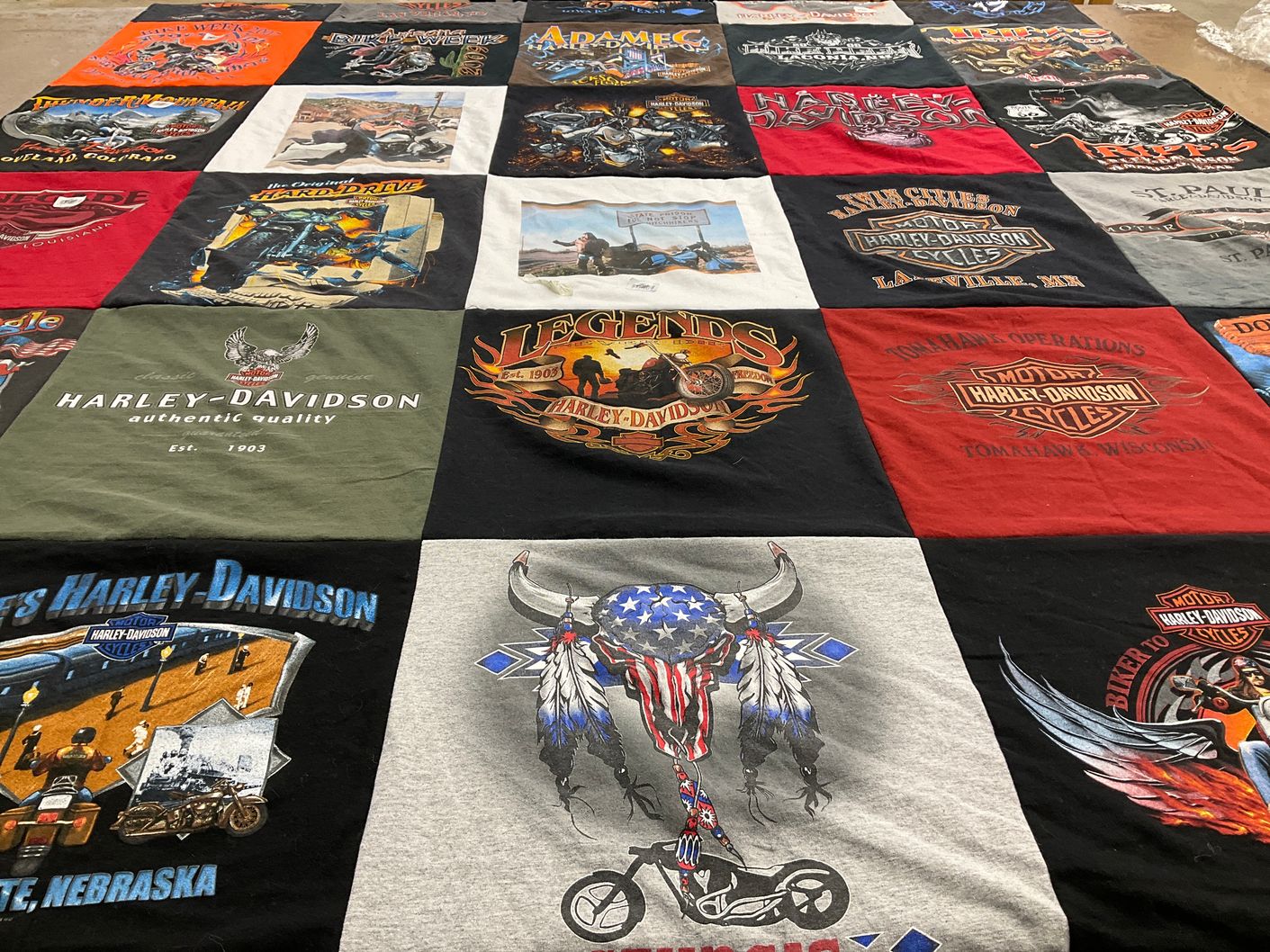 T-shirt quilt with motorcycles, biking themes by Diana from IL
