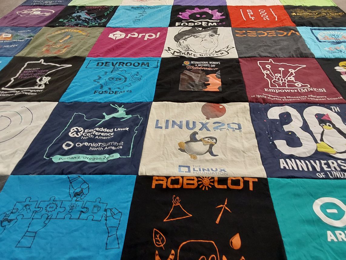 T-shirt quilt with linux, open source themes by Kathy from CA