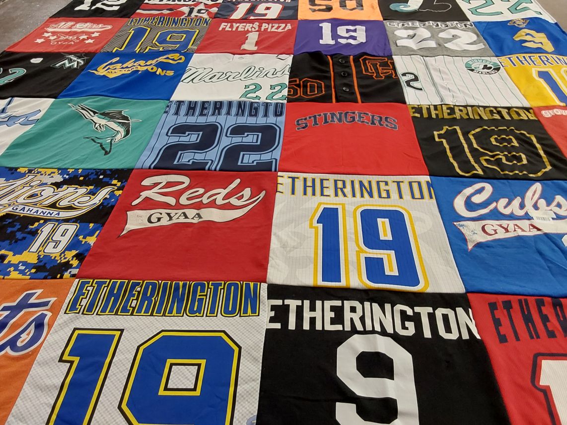 T-shirt quilt with sports, baseball themes by Jenni from OH