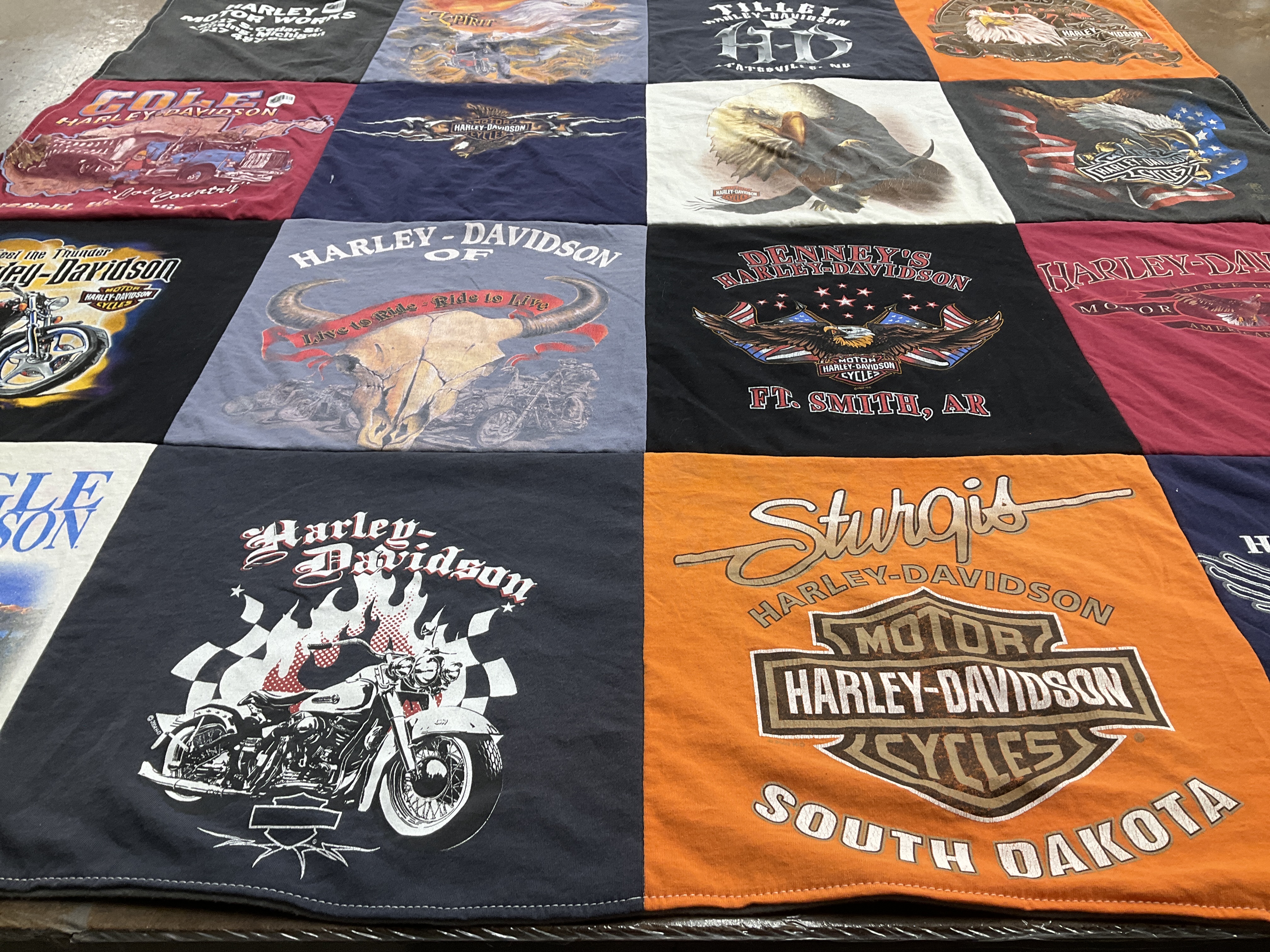 T-shirt quilt with motorcycles, biking themes by Martha from MI