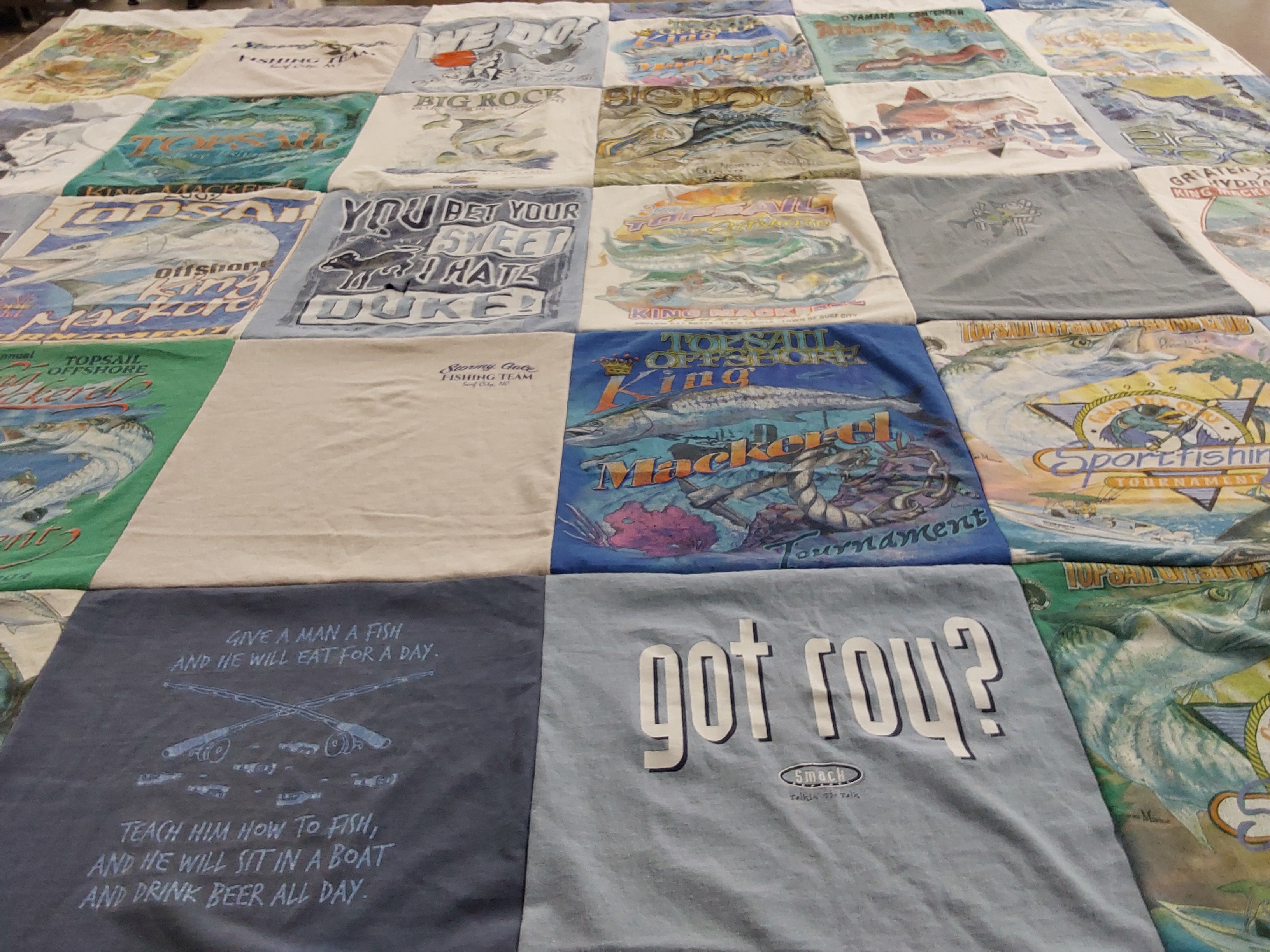 T-shirt quilt with fishing, sports themes by kendra from NC