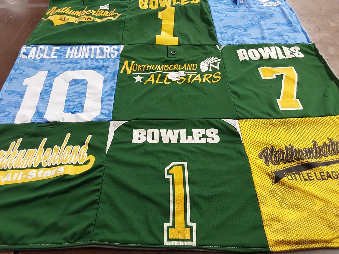 T-shirt quilt with sports, softball themes by Stacey from AL