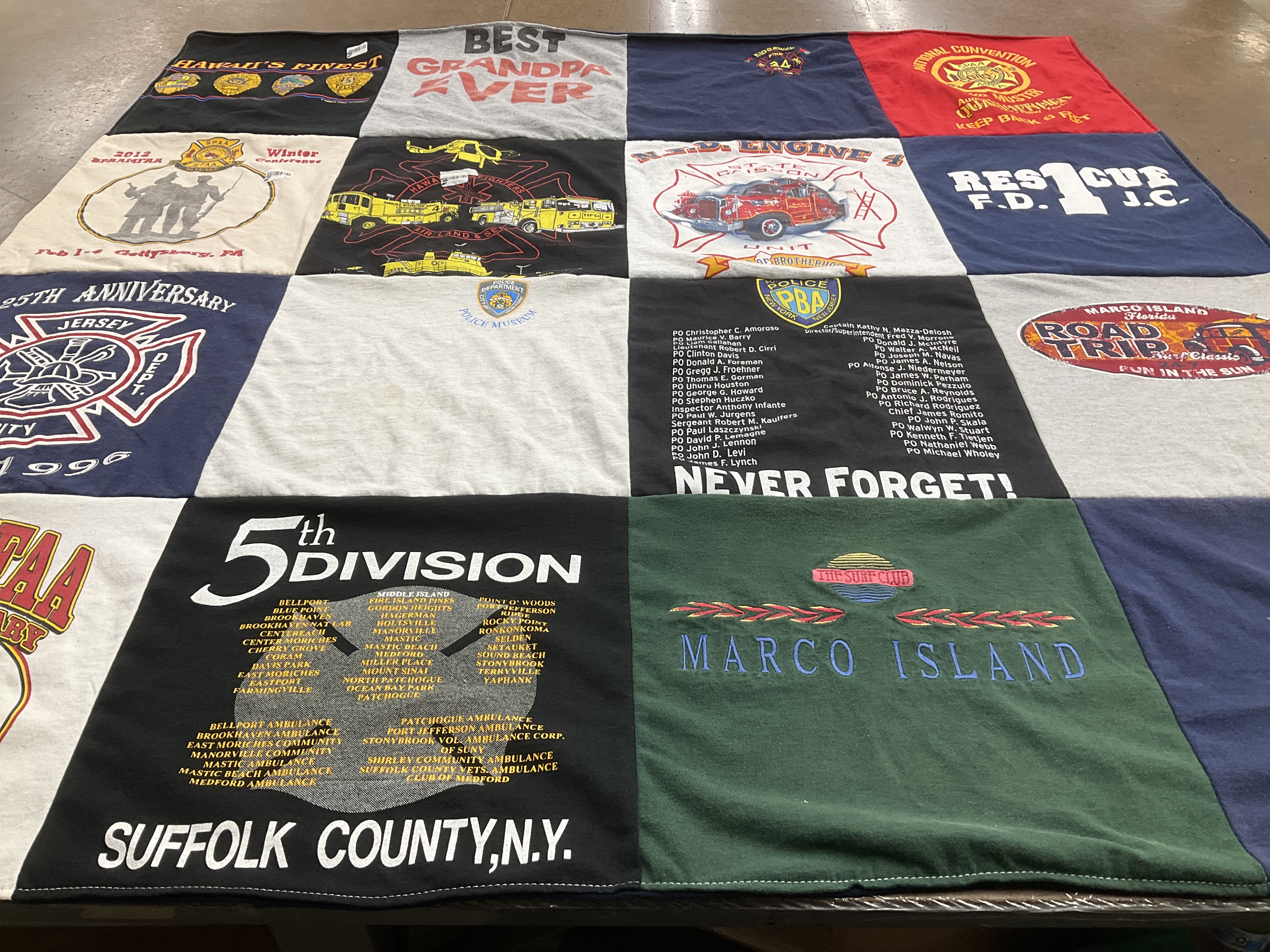 T-shirt quilt with firefighting, police themes by bob from NY
