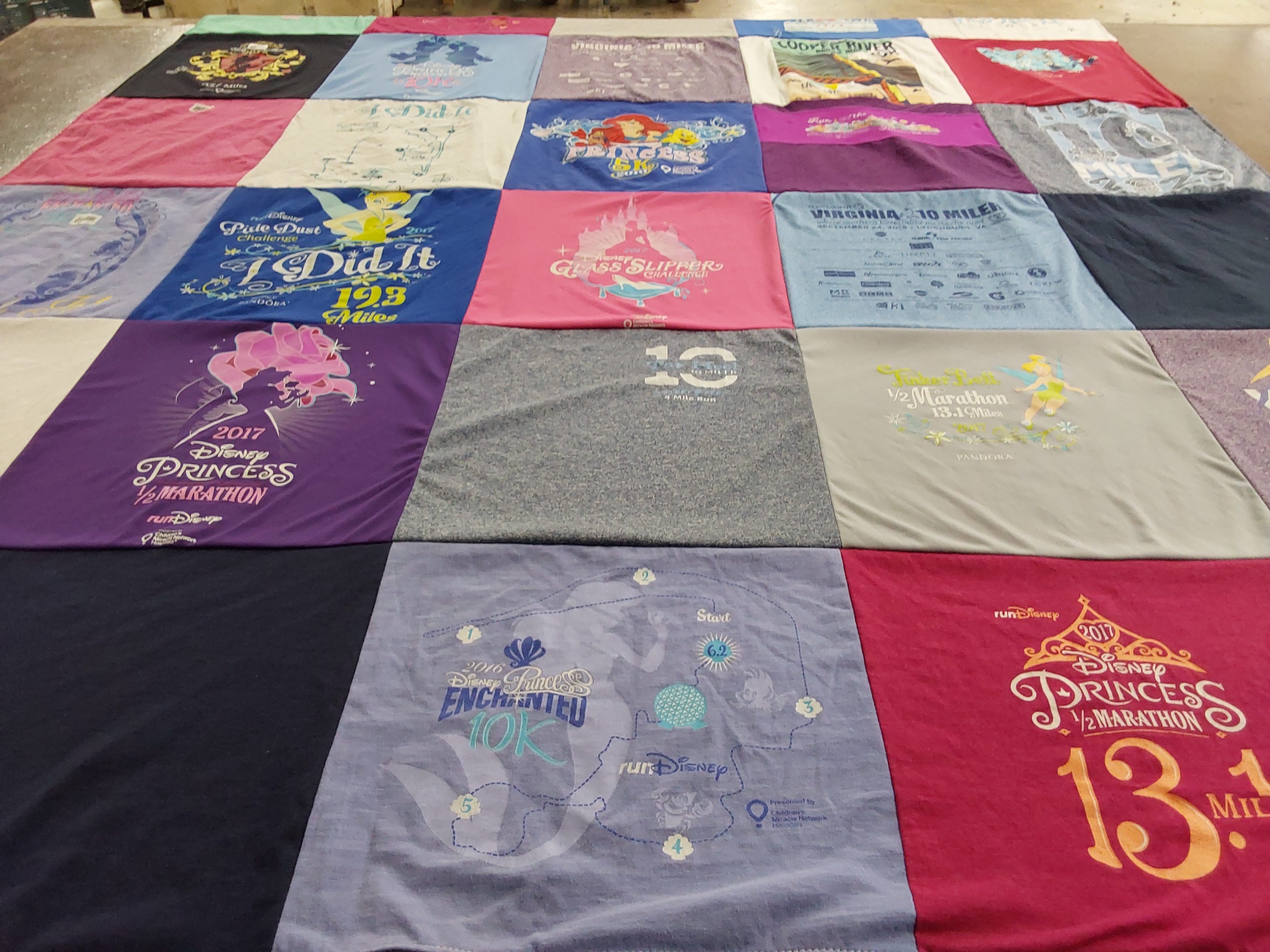 T-shirt quilt with running, disney themes by Sarah from VA