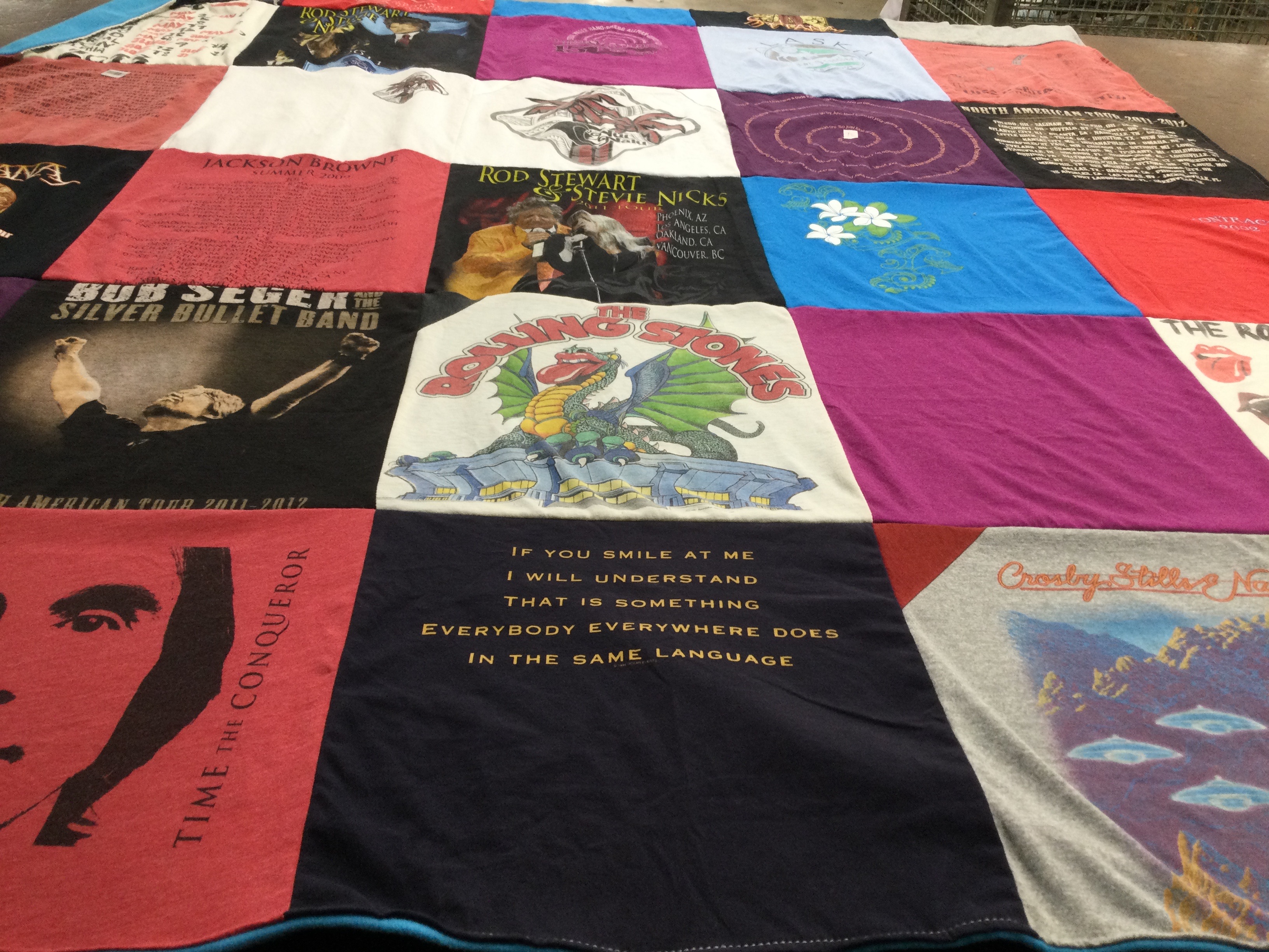 T-shirt quilt with music, concerts themes by Rosslin from CA