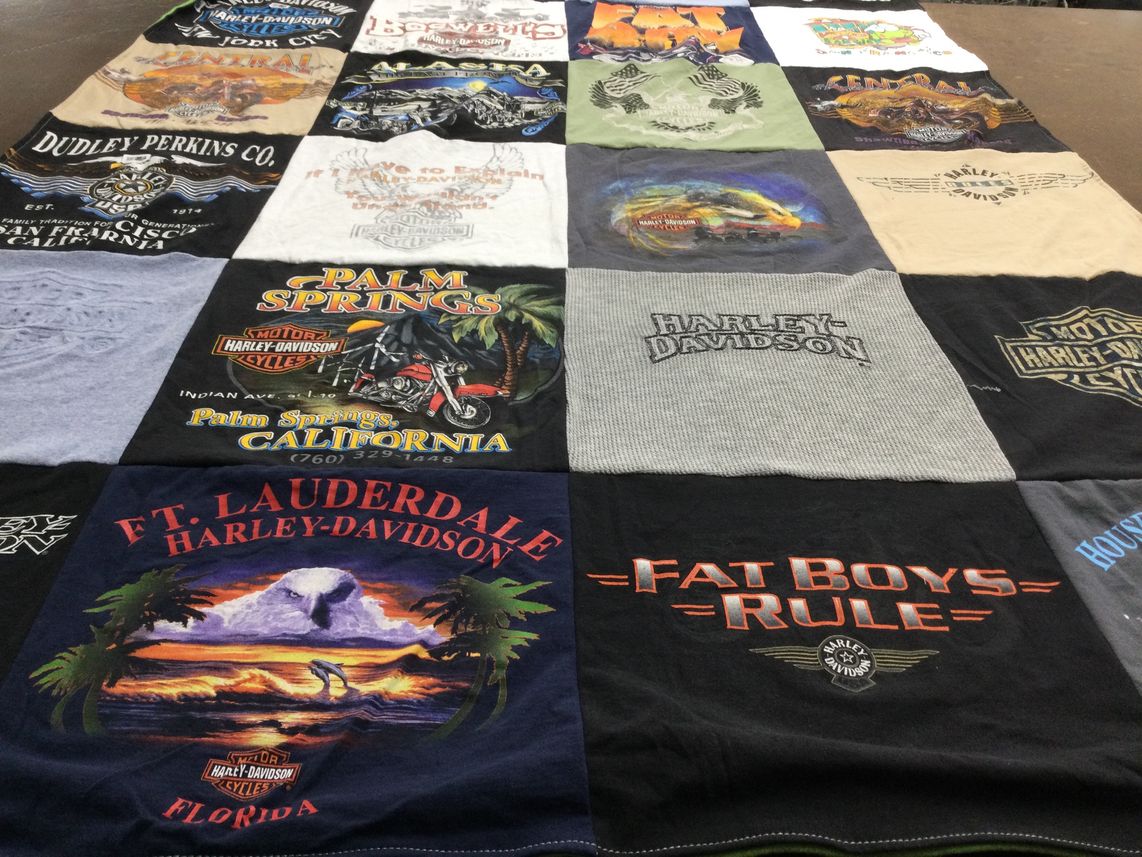 T-shirt quilt with motorcycles, biking themes by Michele from CA