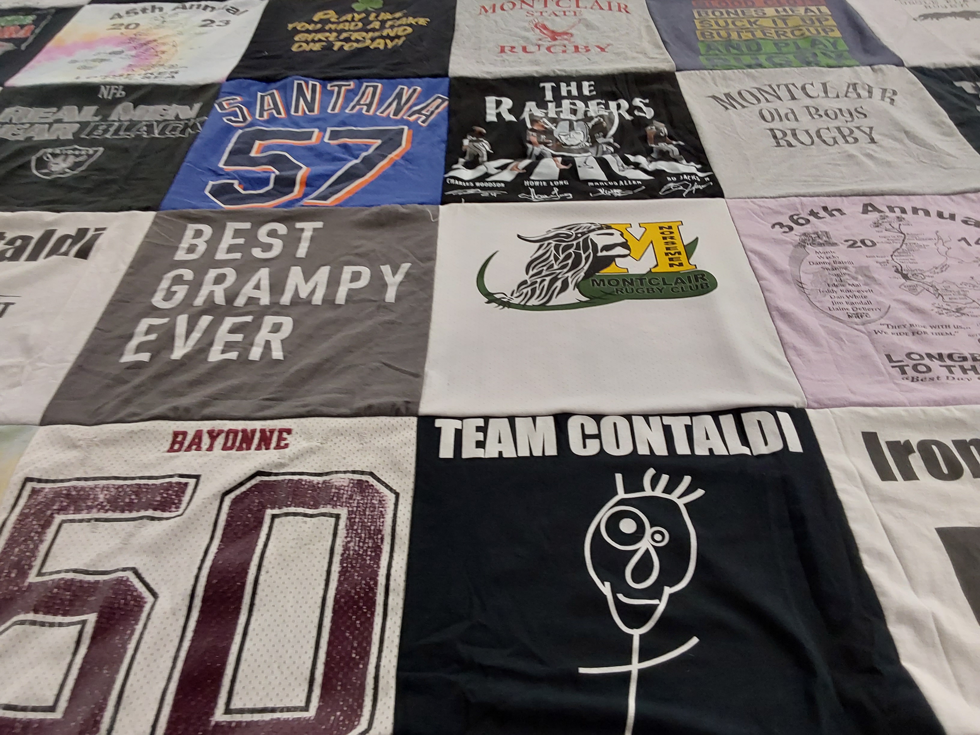 T-shirt quilt with rugby themes by Margaret from NJ