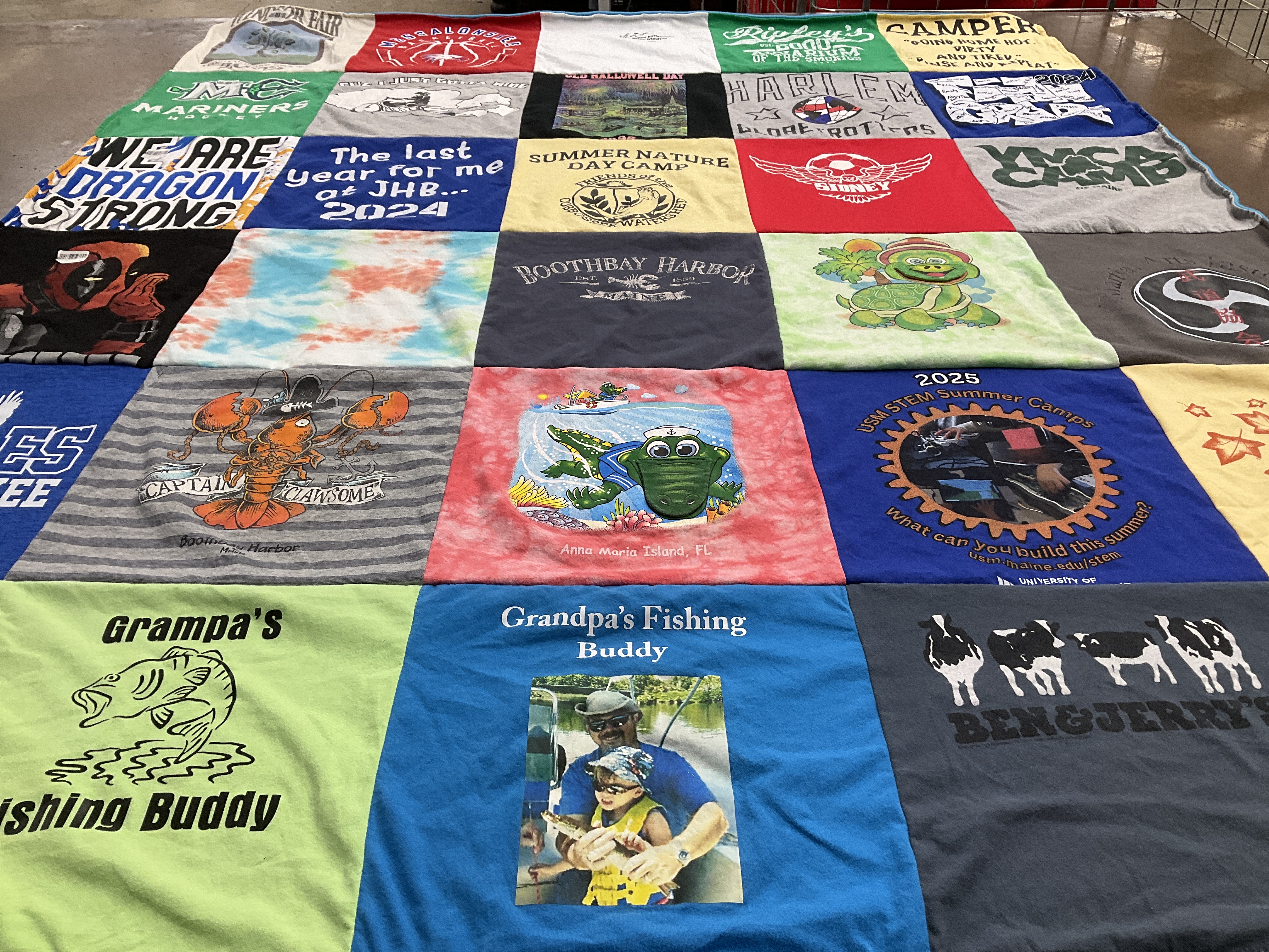 T-shirt quilt with camping, fishing themes by Bethany from ME
