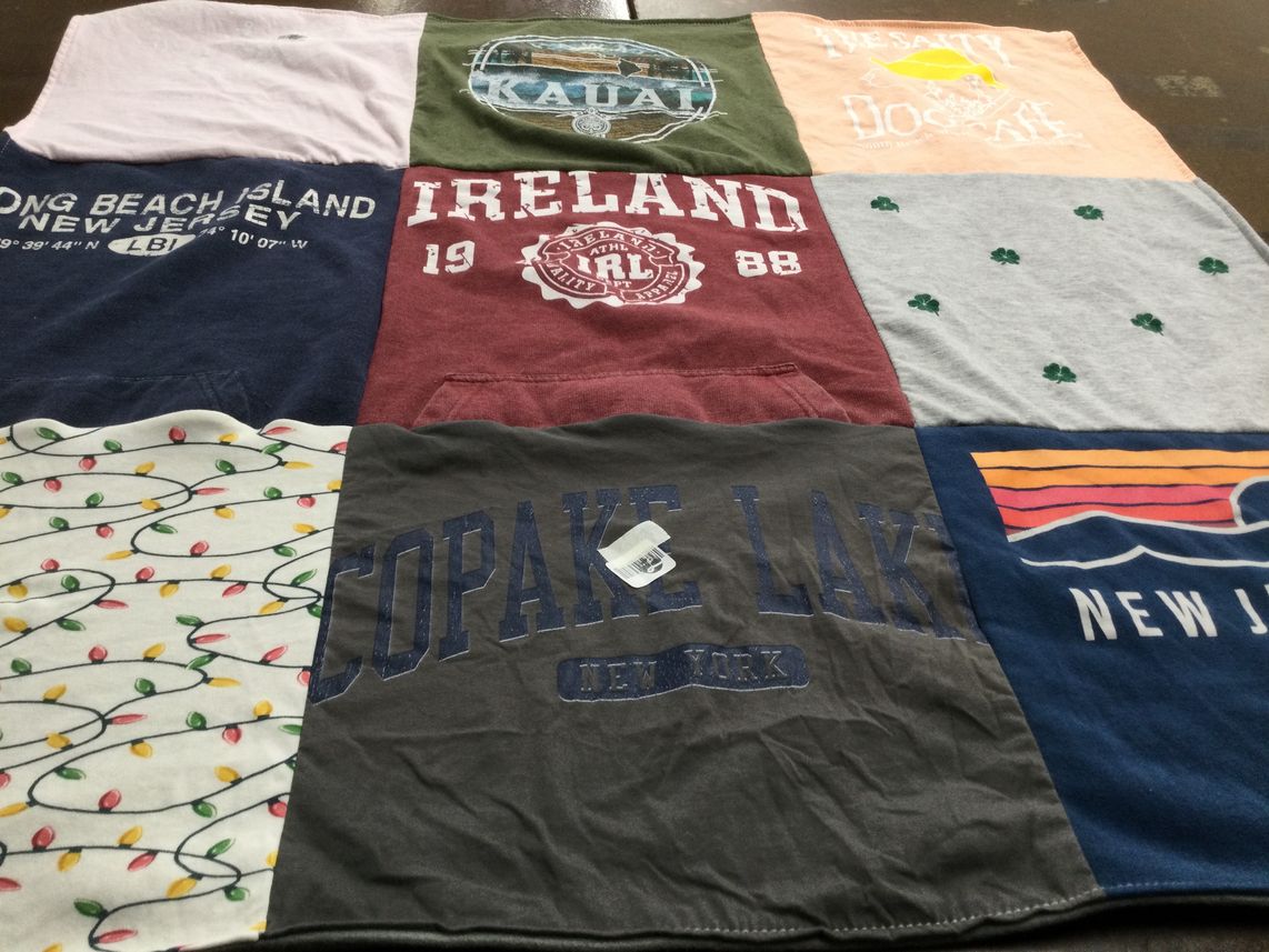 T-shirt quilt with travel, beaches themes by Amy from NJ