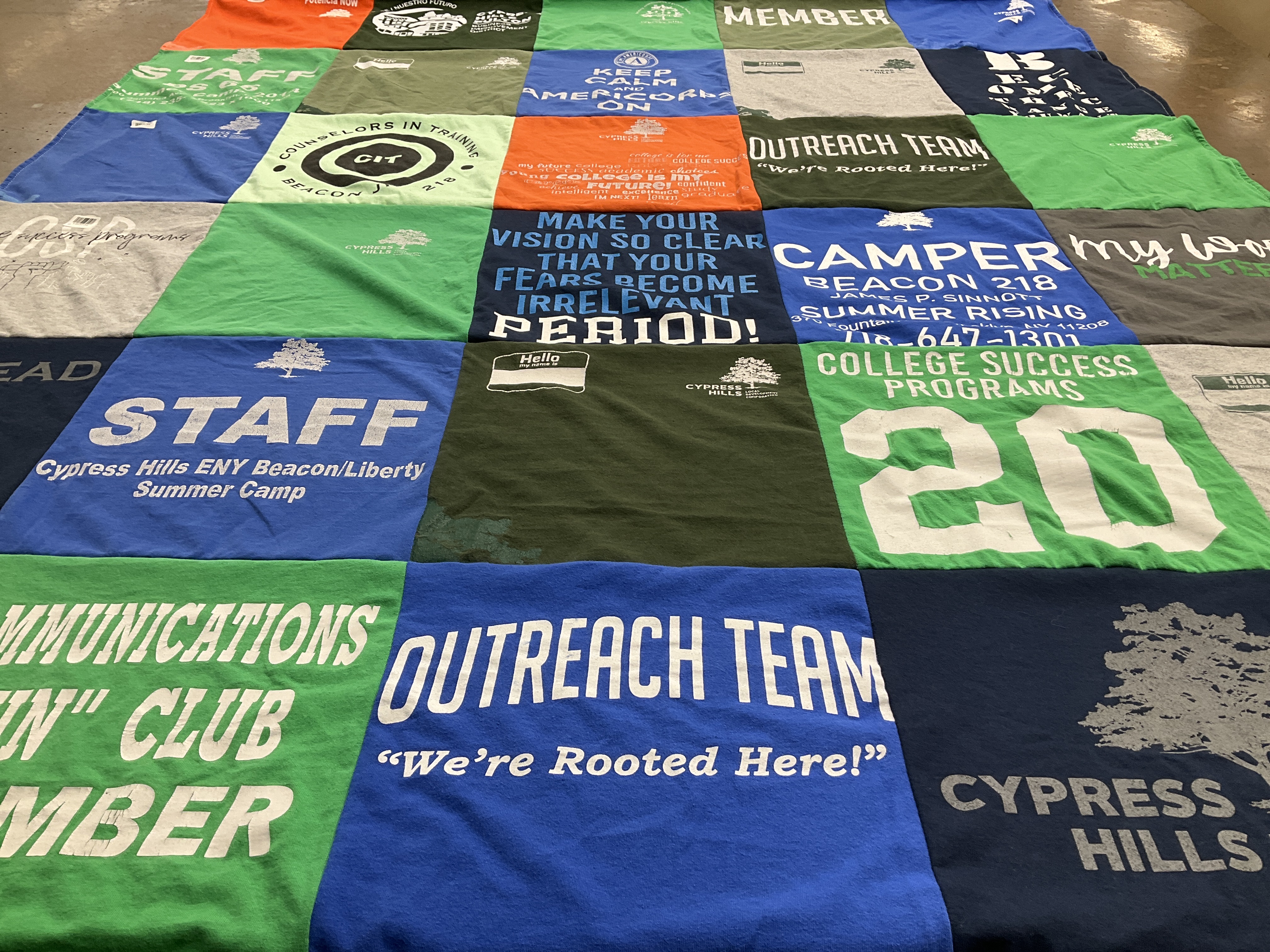T-shirt quilt with summer camp, outreach programs themes by Emily from NY