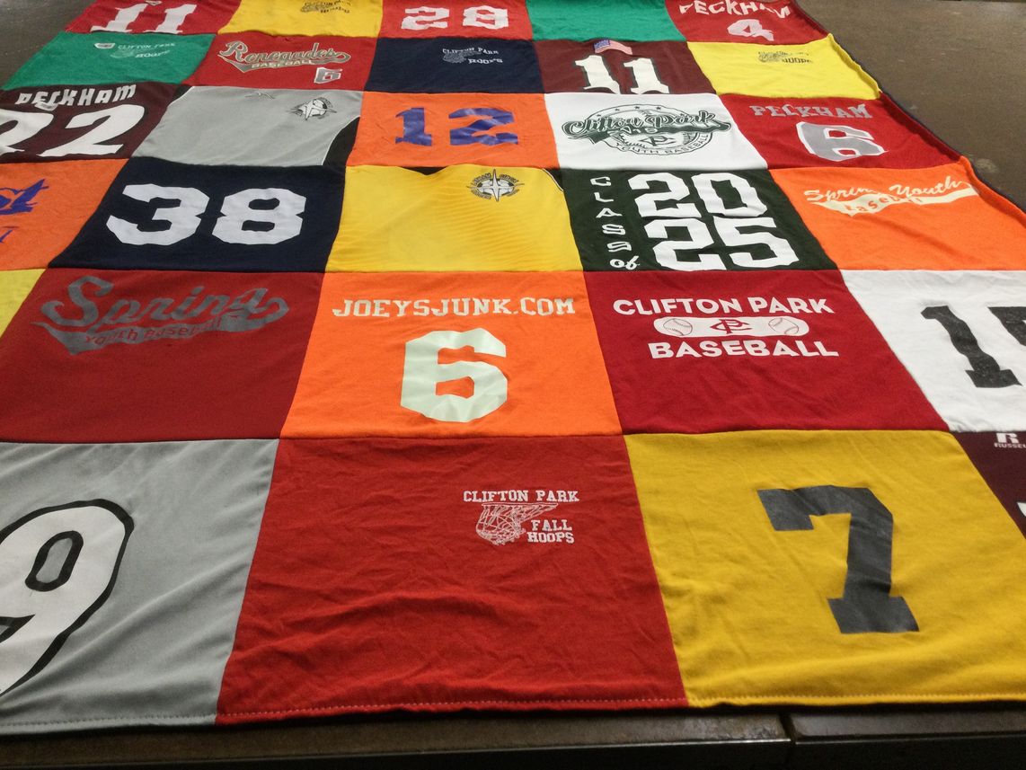 T-shirt quilt with sports, youth sports themes by Leigh Ann from NY