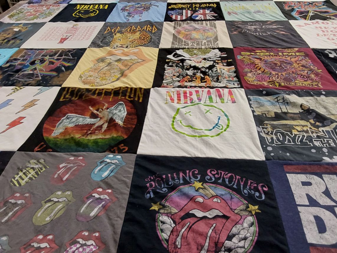 T-shirt quilt with music, rock themes by Lacy from FL