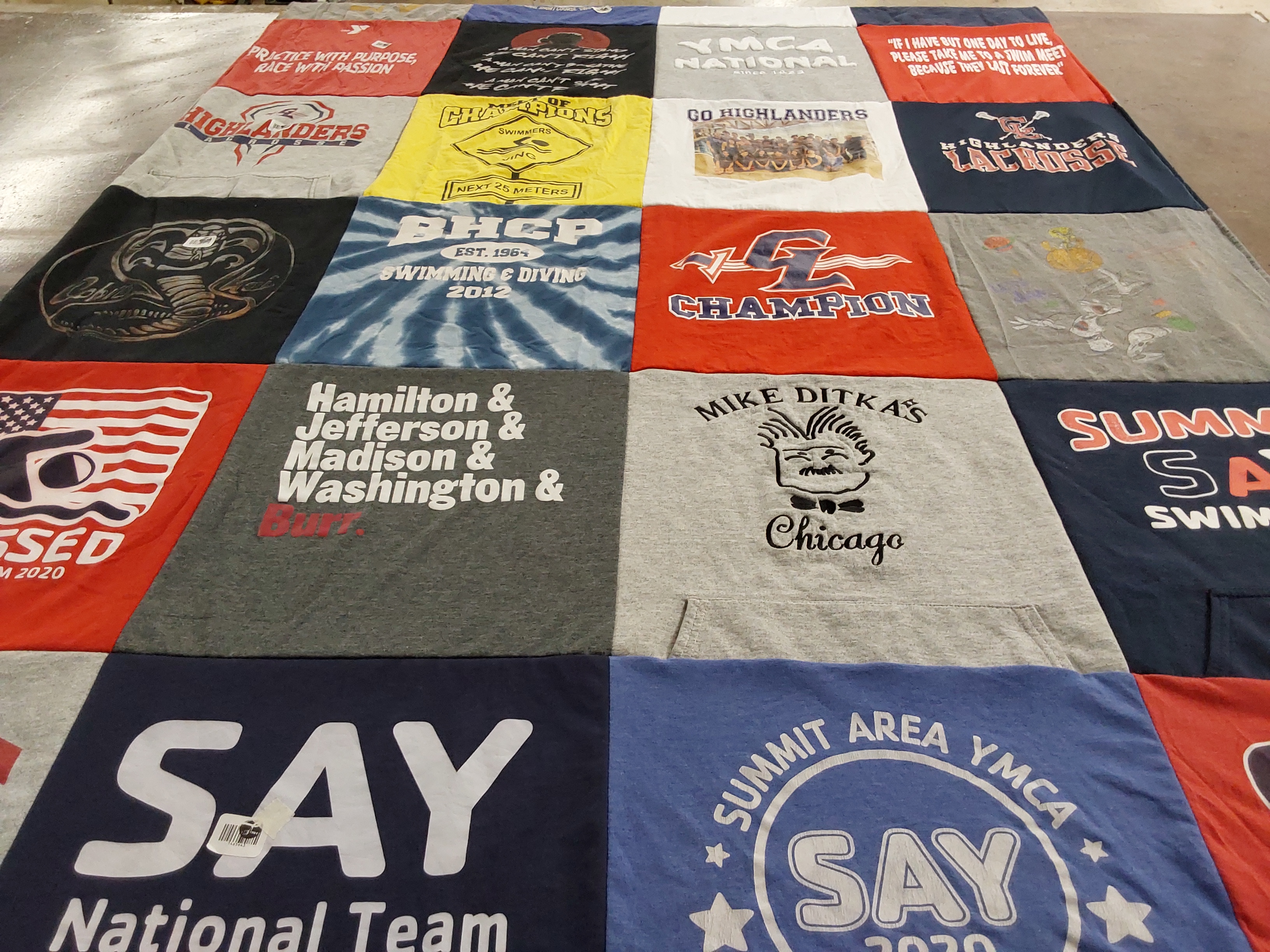 T-shirt quilt with swimming, diving themes by lydia from NJ