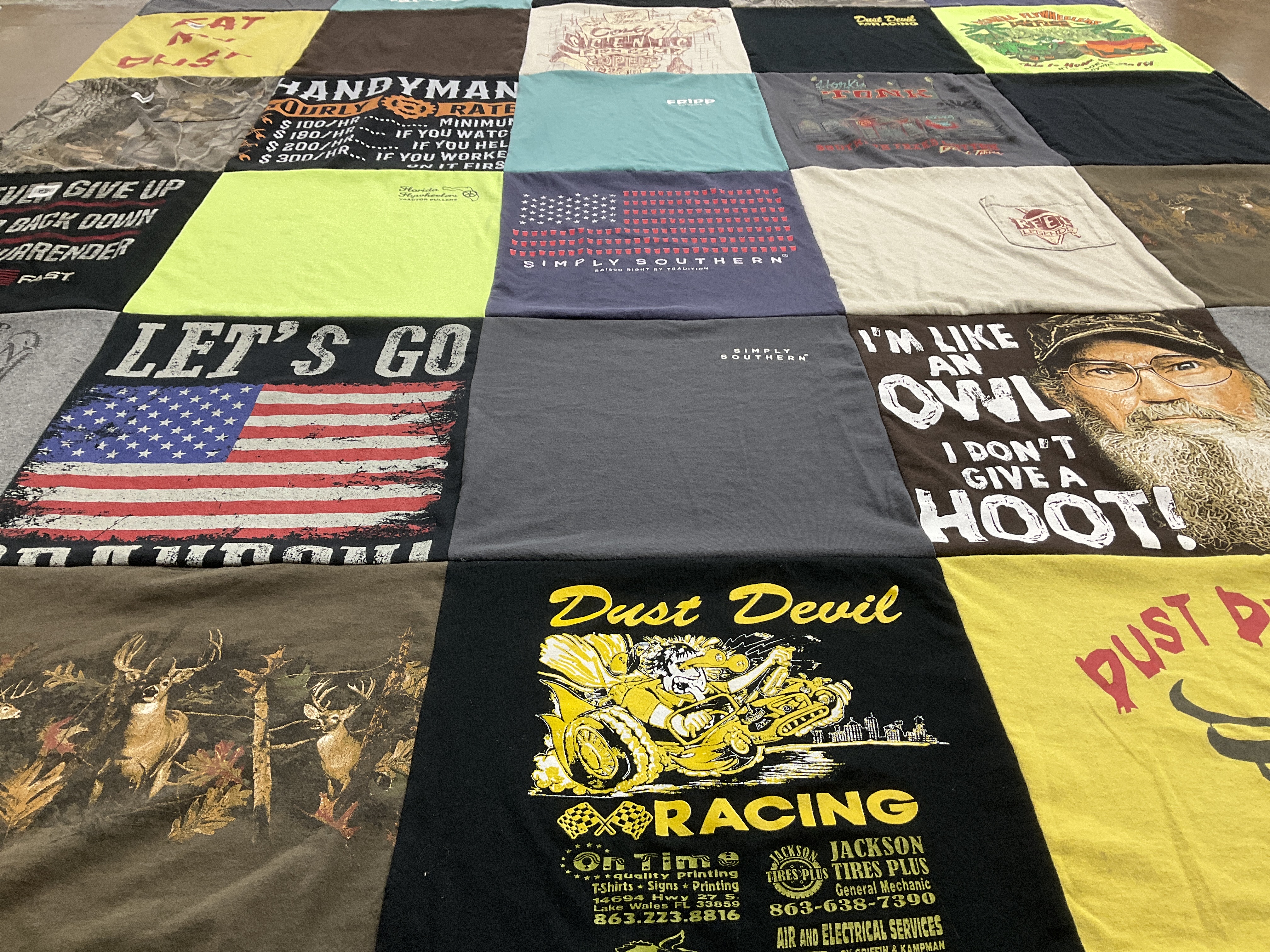 T-shirt quilt with hunting, racing themes by Lynda from FL