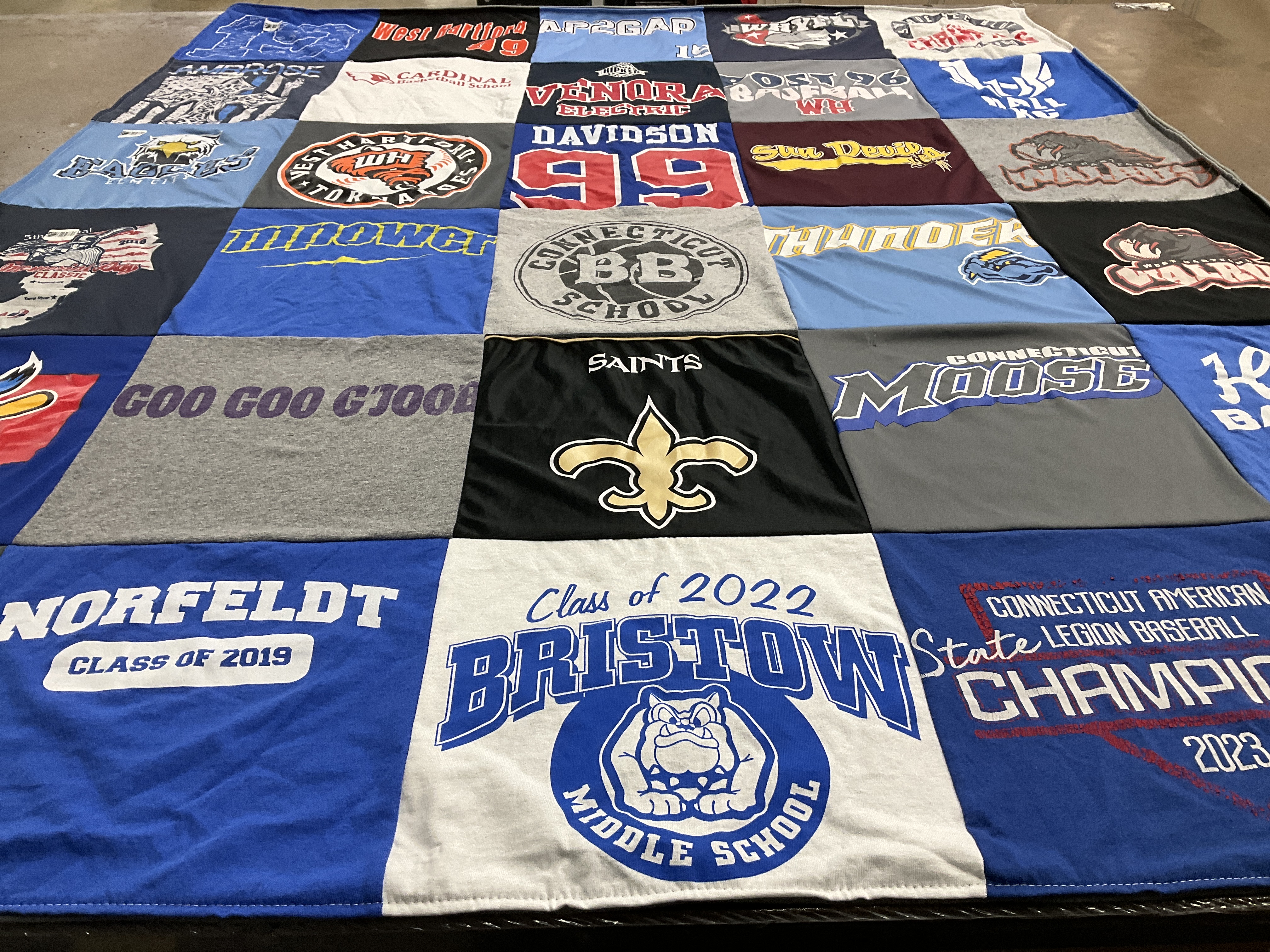 T-shirt quilt featuring connecticut moose, new hartford tornadoes by Elizabeth from CT