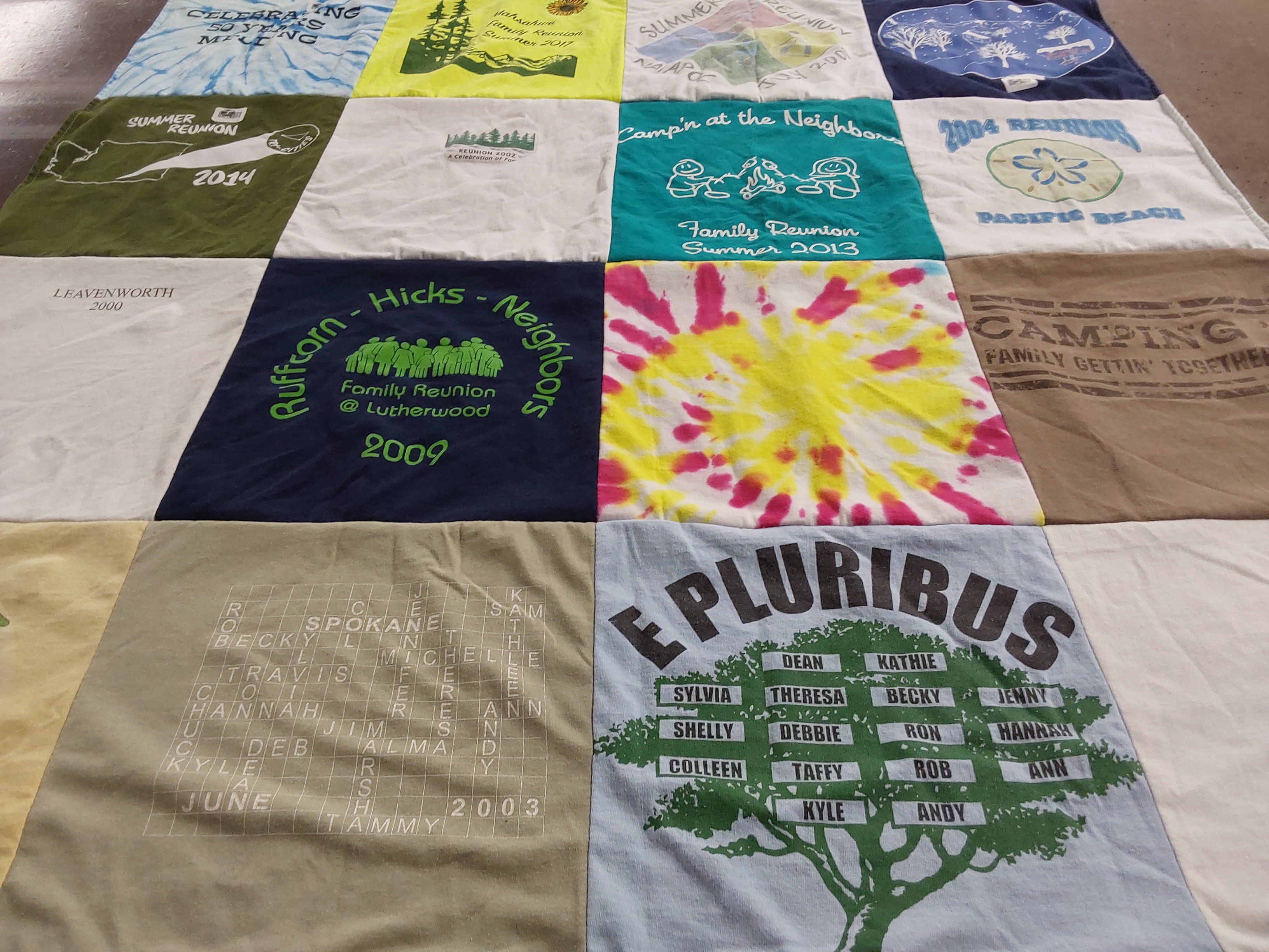 T-shirt quilt with family gatherings, camping themes by Colleen from WA