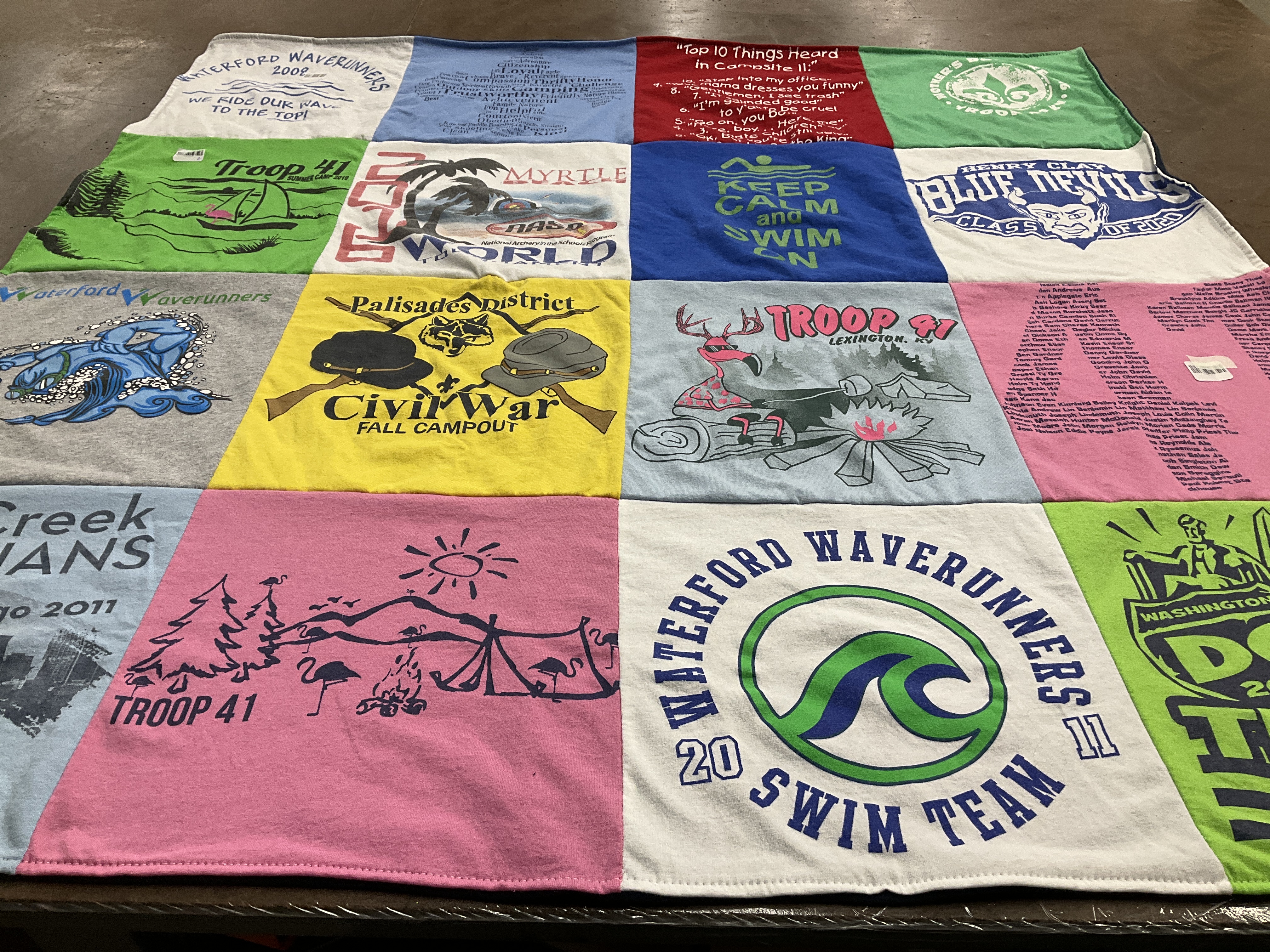T-shirt quilt featuring waterford waverunners swim team, troop 41 by Caren from KY
