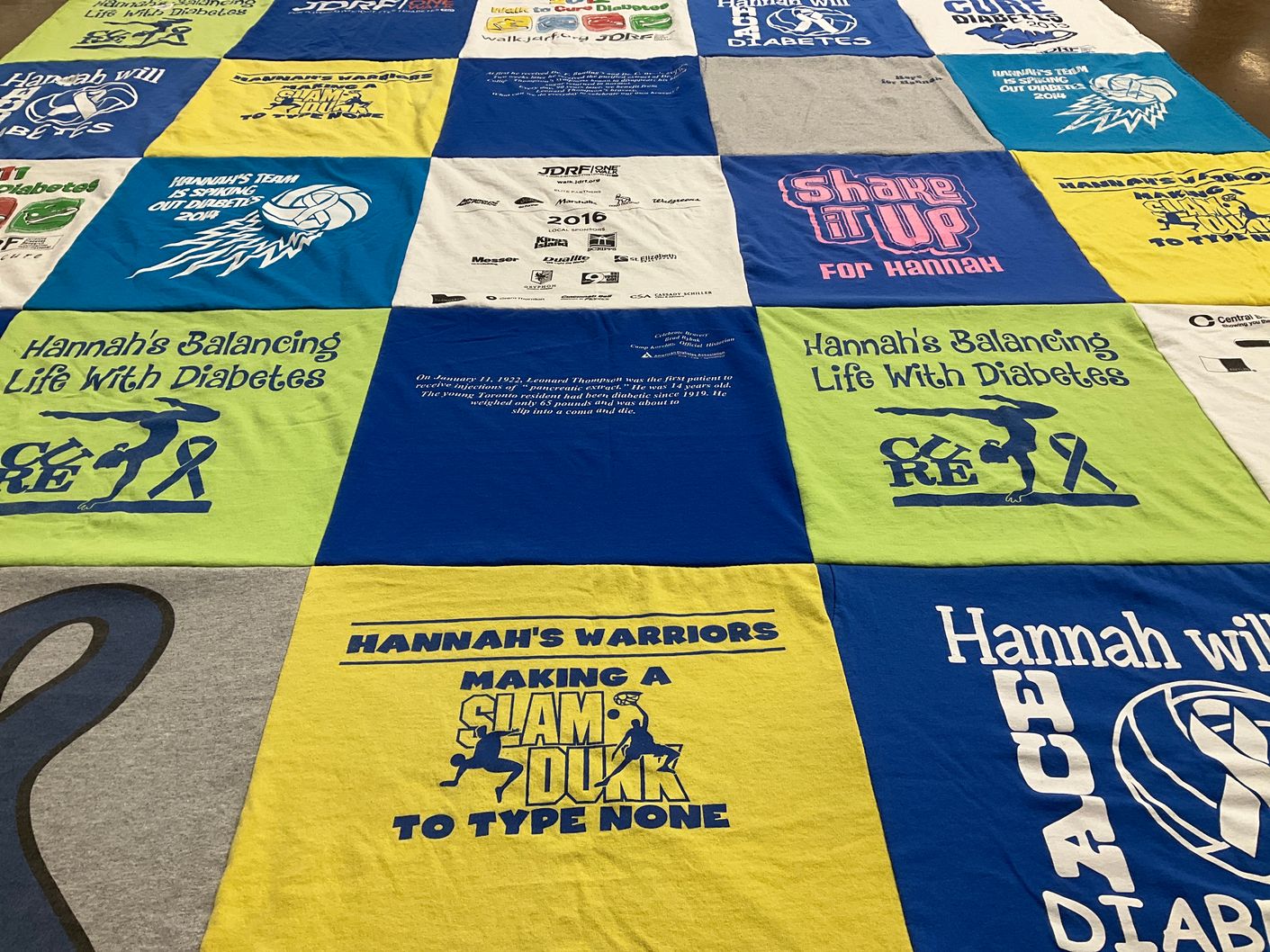 T-shirt quilt with diabetes awareness, health themes by Dora from OH