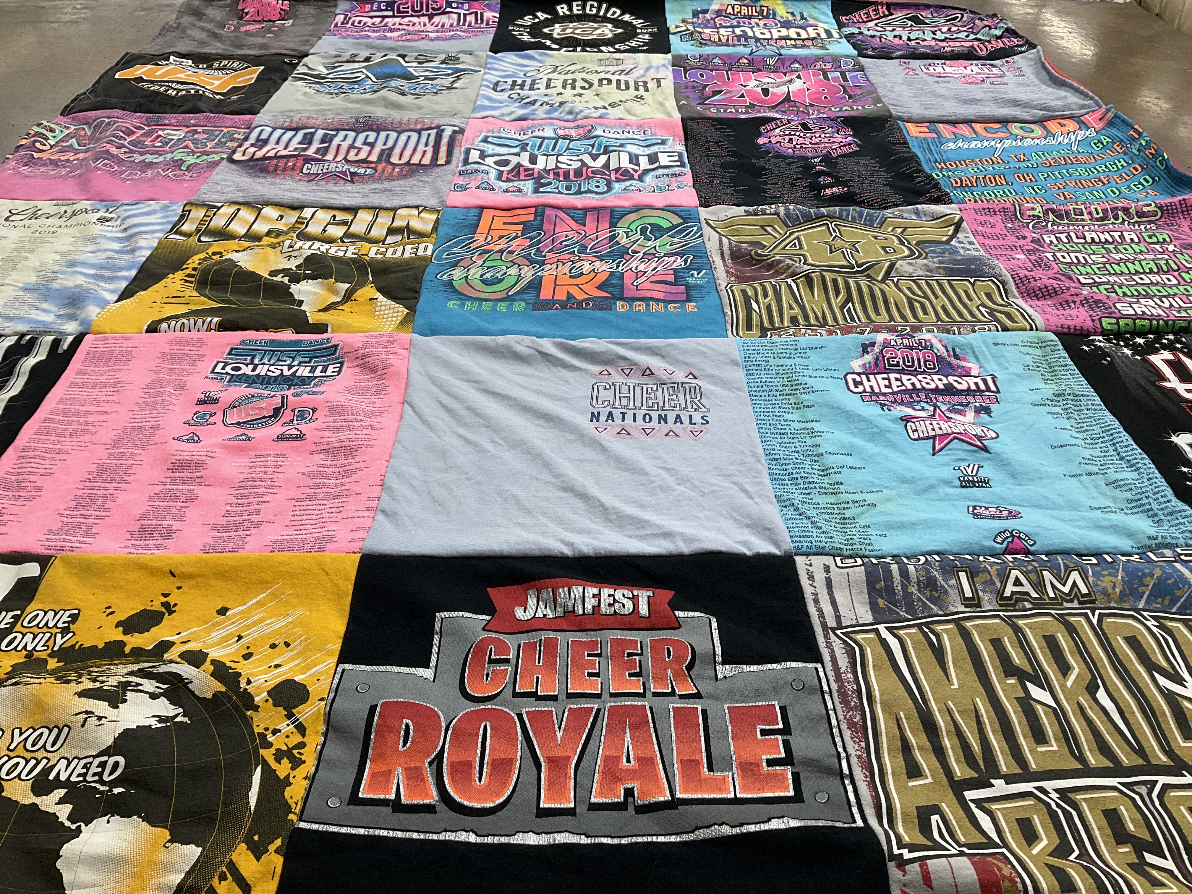 T-shirt quilt with cheerleading, sports themes by Jeanne from TN
