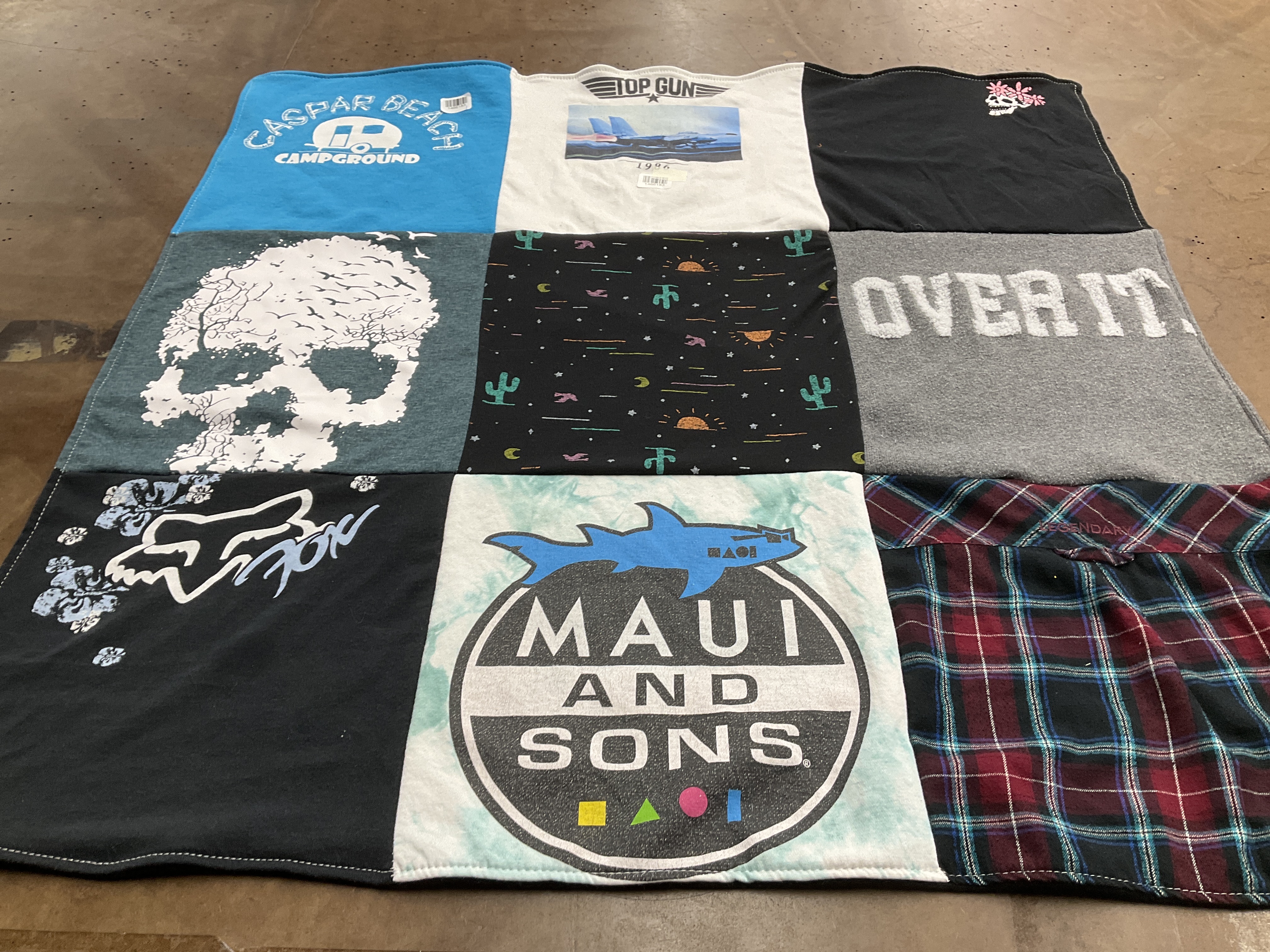 T-shirt quilt with beach, camping themes by Mikela from CA