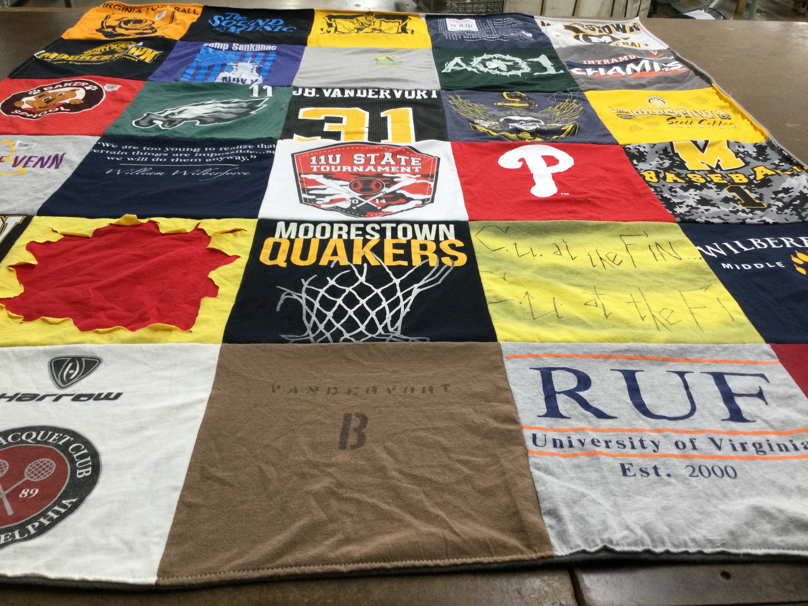T-shirt quilt featuring moorestown quakers, philadelphia phillies by Carolee from VA