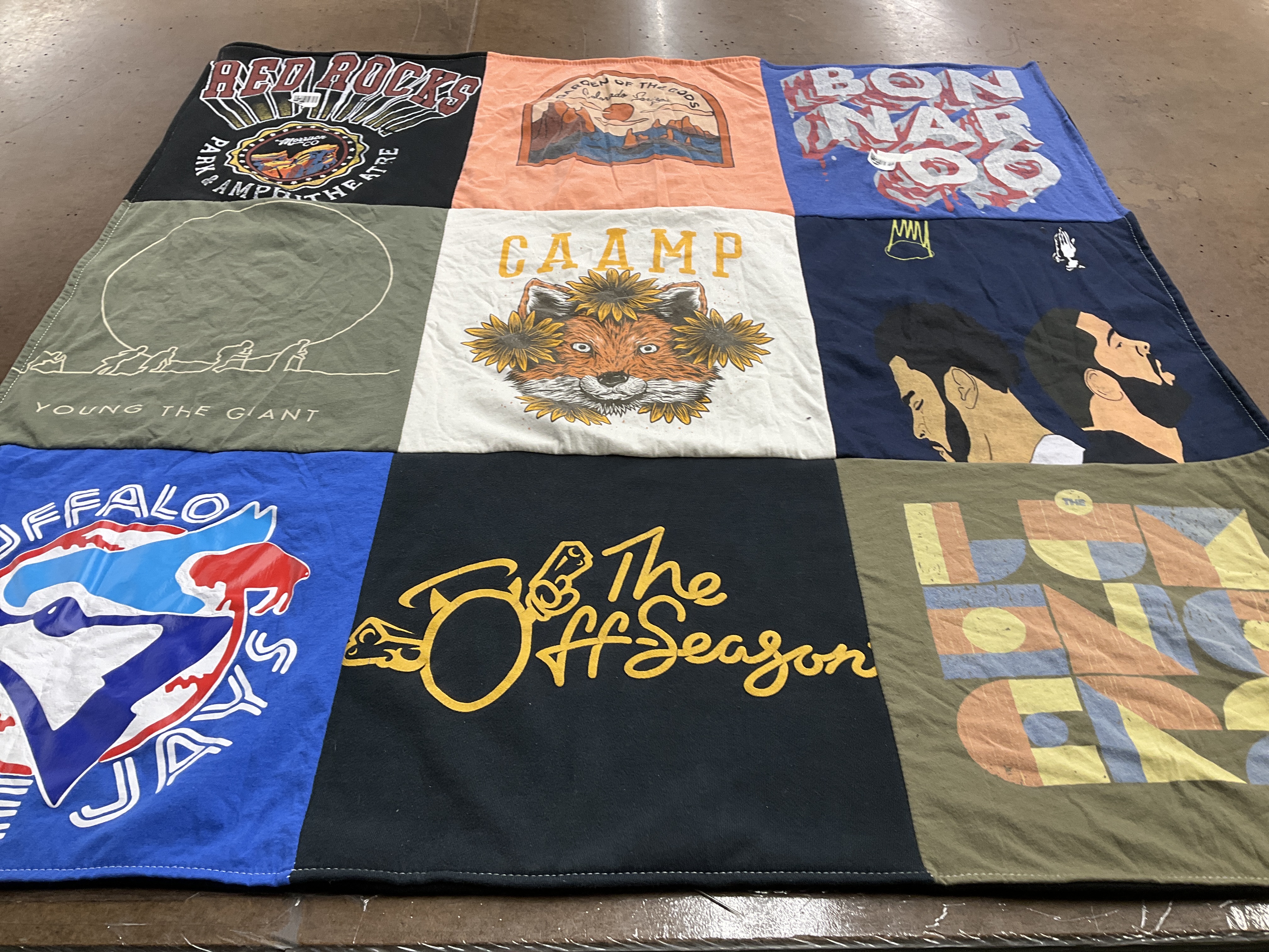 T-shirt quilt with music, festivals themes by Rebecca from NY
