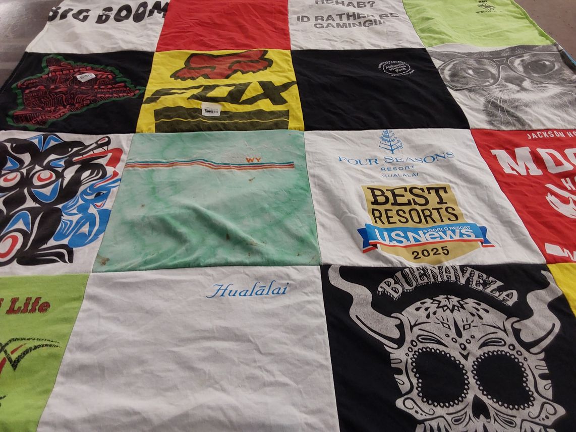T-shirt quilt with gaming, travel themes by Kiana from HI