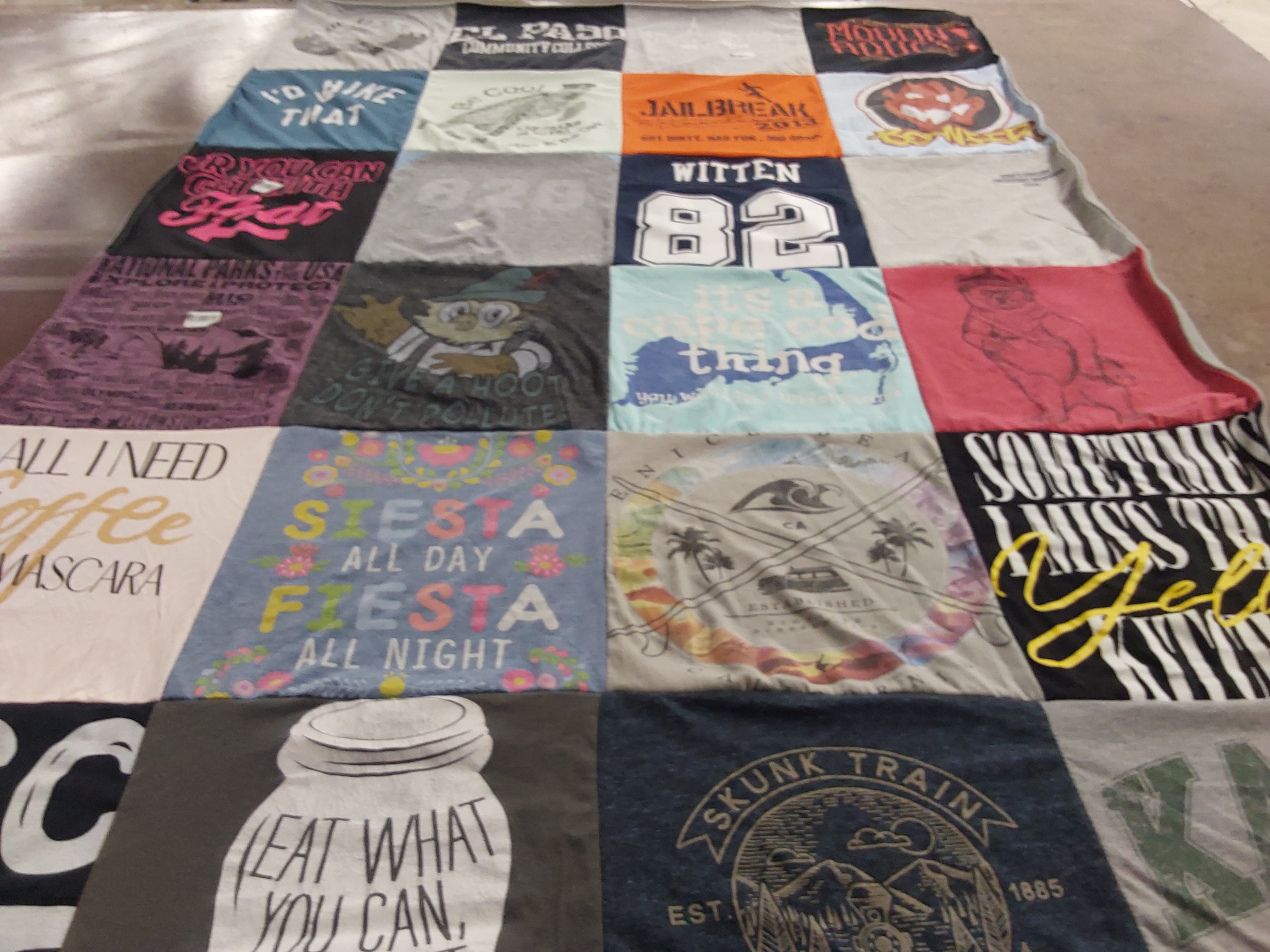 T-shirt quilt with coffee, mascara themes by Cassie from SC