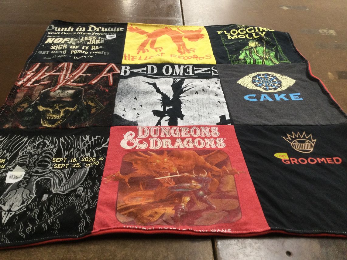 T-shirt quilt with music, gaming themes by Chrystal from CO