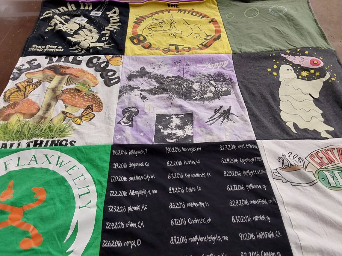 T-shirt quilt with craft beer, music festivals themes by Chrystal from CO