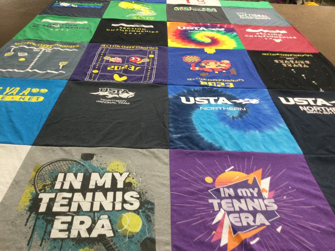 T-shirt quilt with tennis themes by Laura from MN