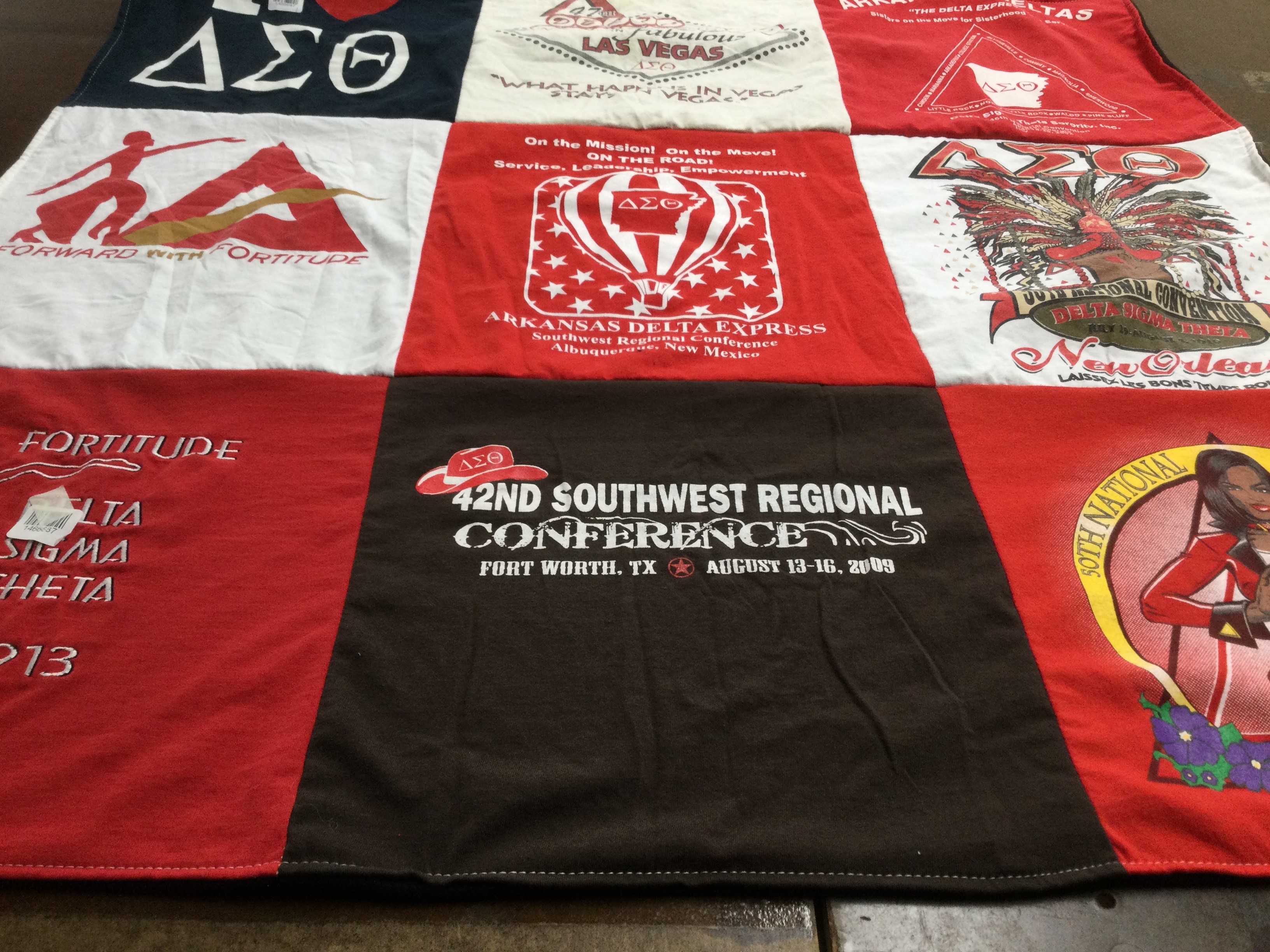 T-shirt quilt with community service, sisterhood themes by Angela from AR
