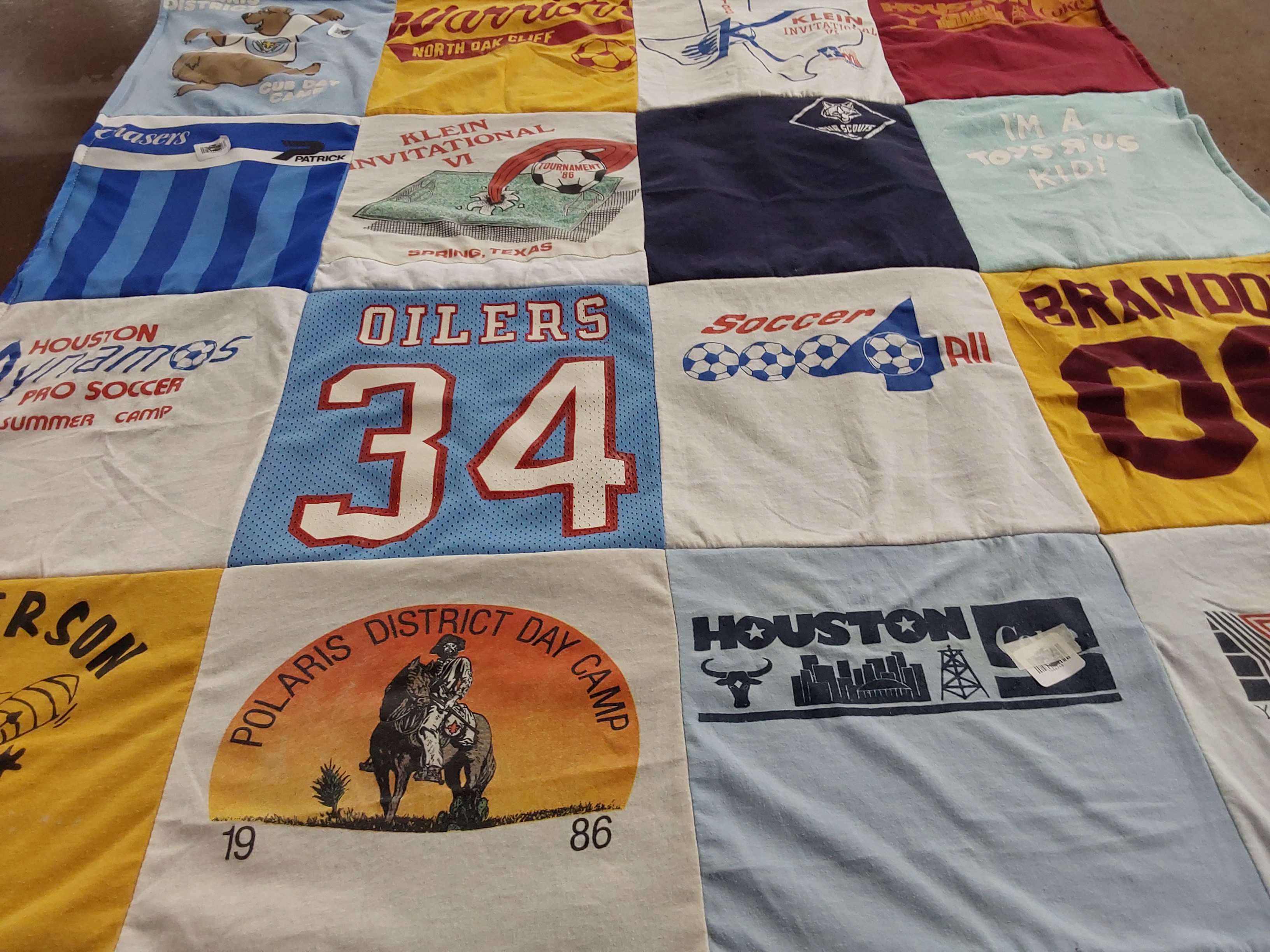 T-shirt quilt with soccer, summer camps themes by lisa from NM