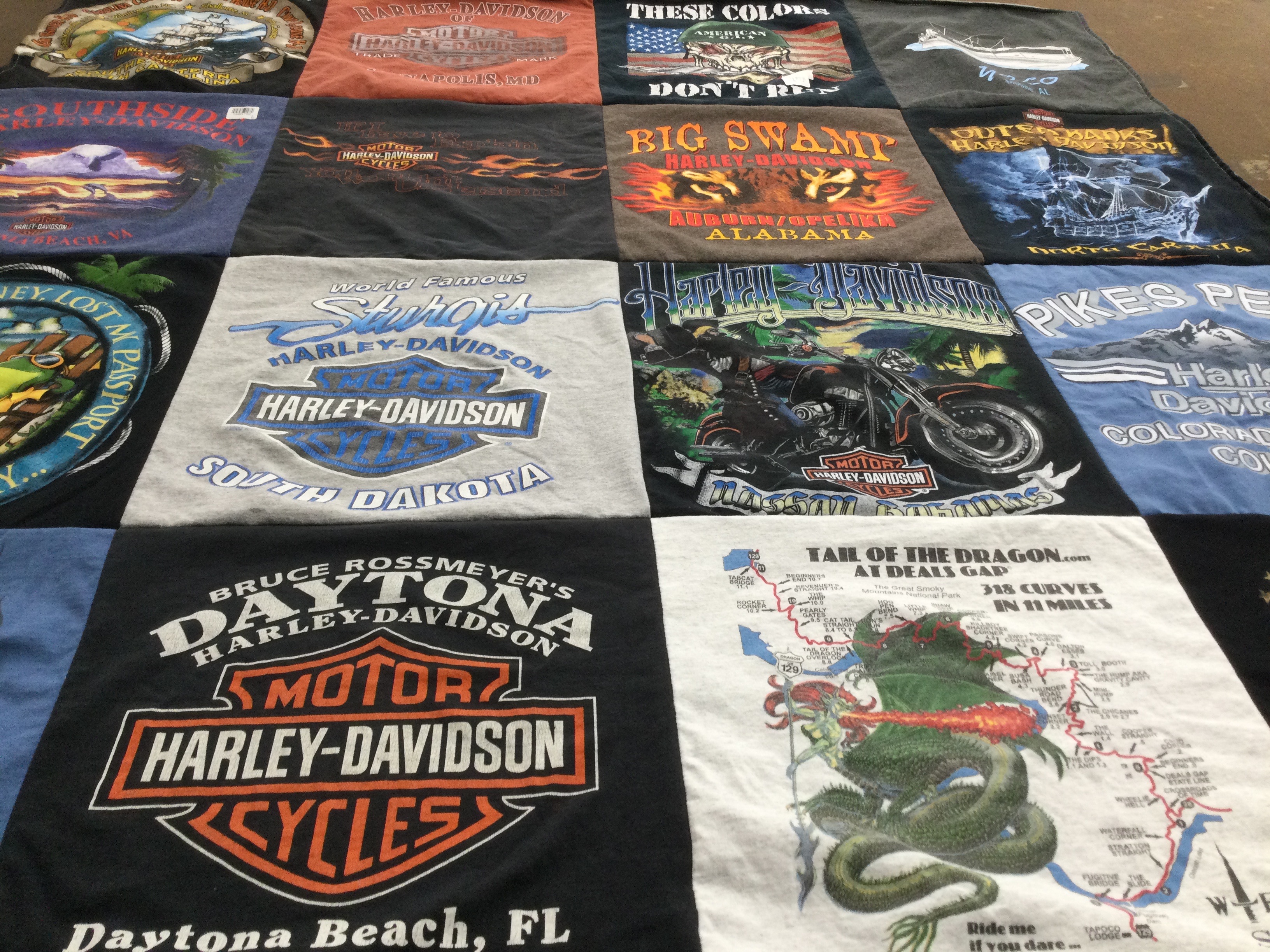 T-shirt quilt with motorcycling, travel themes by Carole from AL