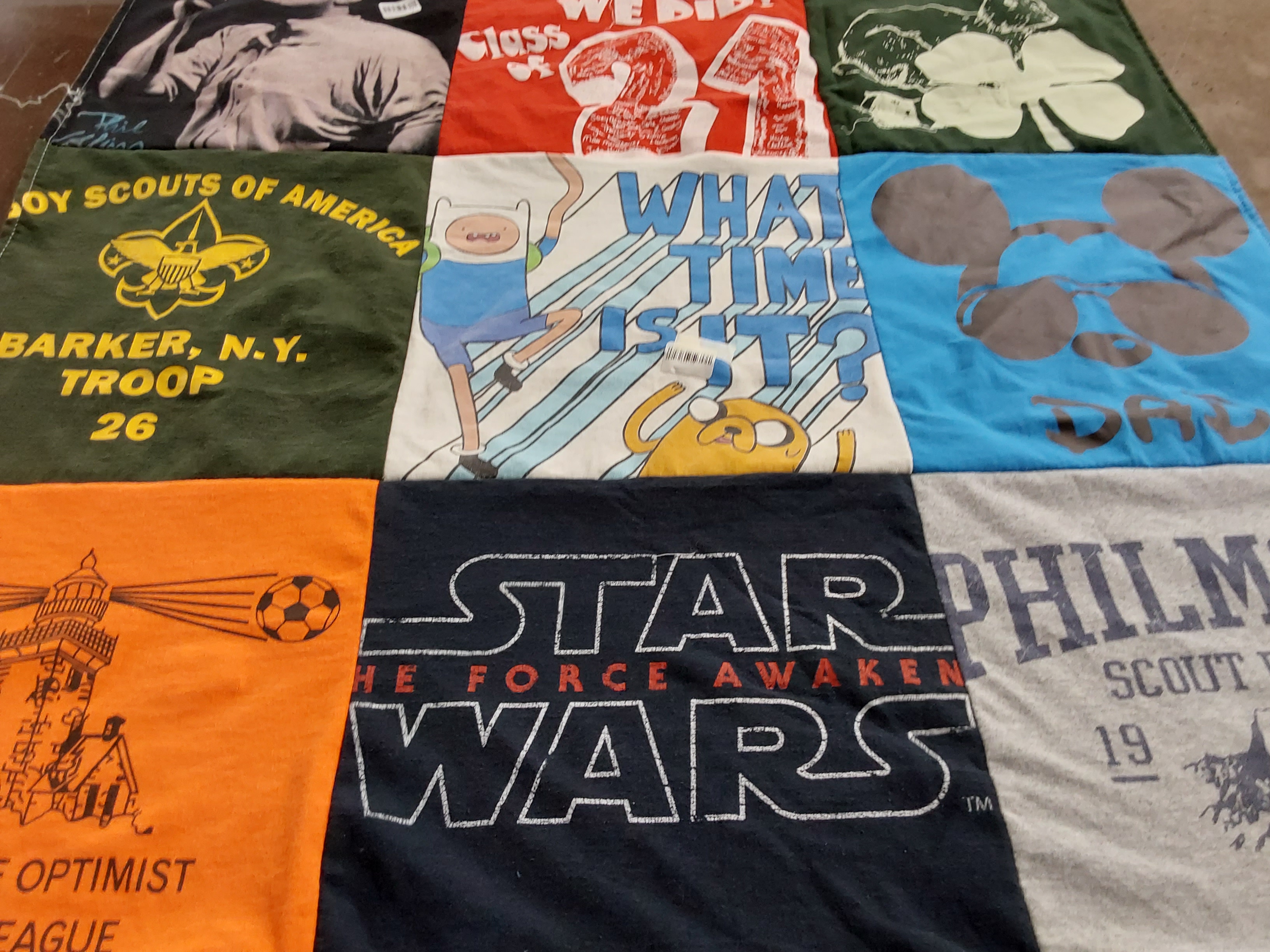 T-shirt quilt with boy scouts, cartoons themes by Maria from NY
